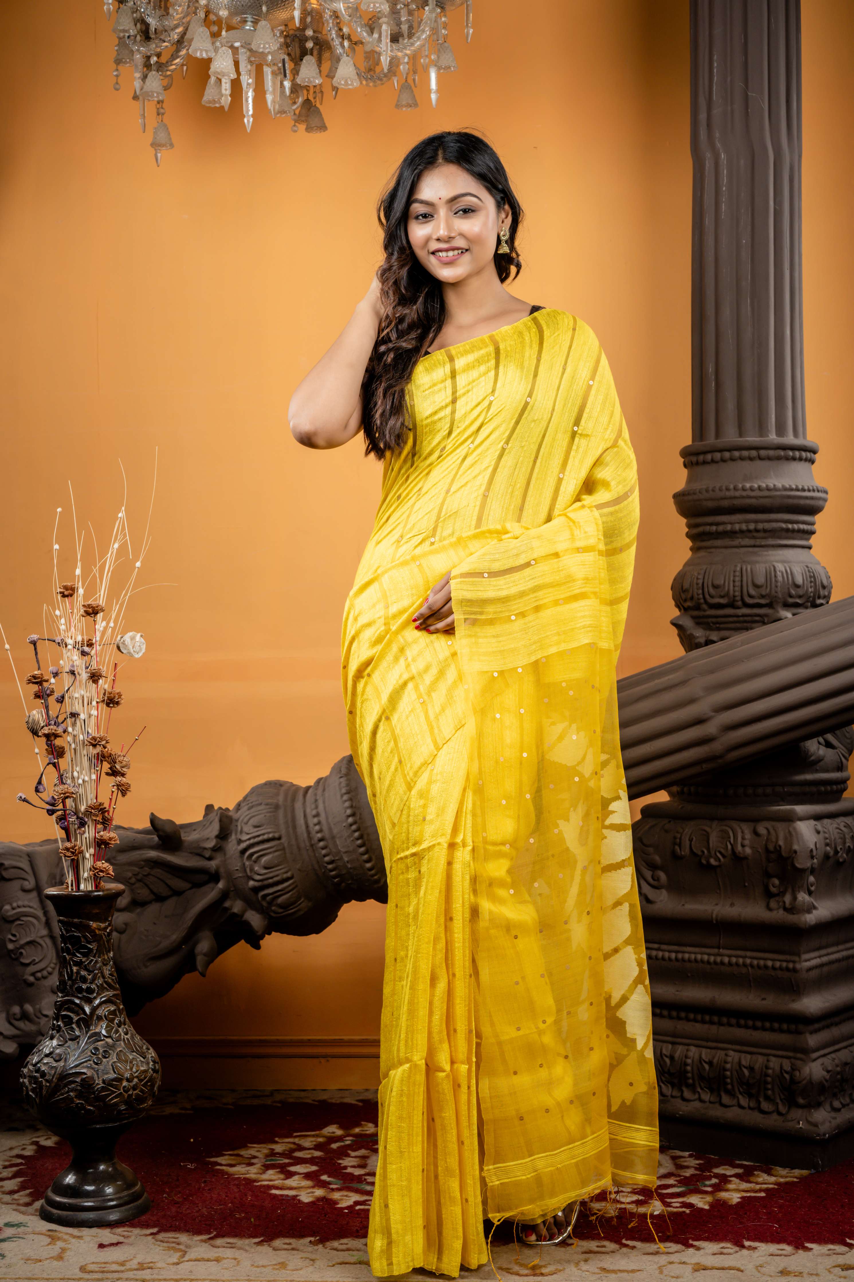 Sunanda || Sunflower Yellow Matka Bengal Handloom Saree with Half Body Plain, Half Body woven Antique Gold Sequins on Muslin block Stripes, Lemon Yellow Resham & Antique Gold Zari Floral Jamdani on Muslin Pallu embellished with woven Antique Gold Sequins