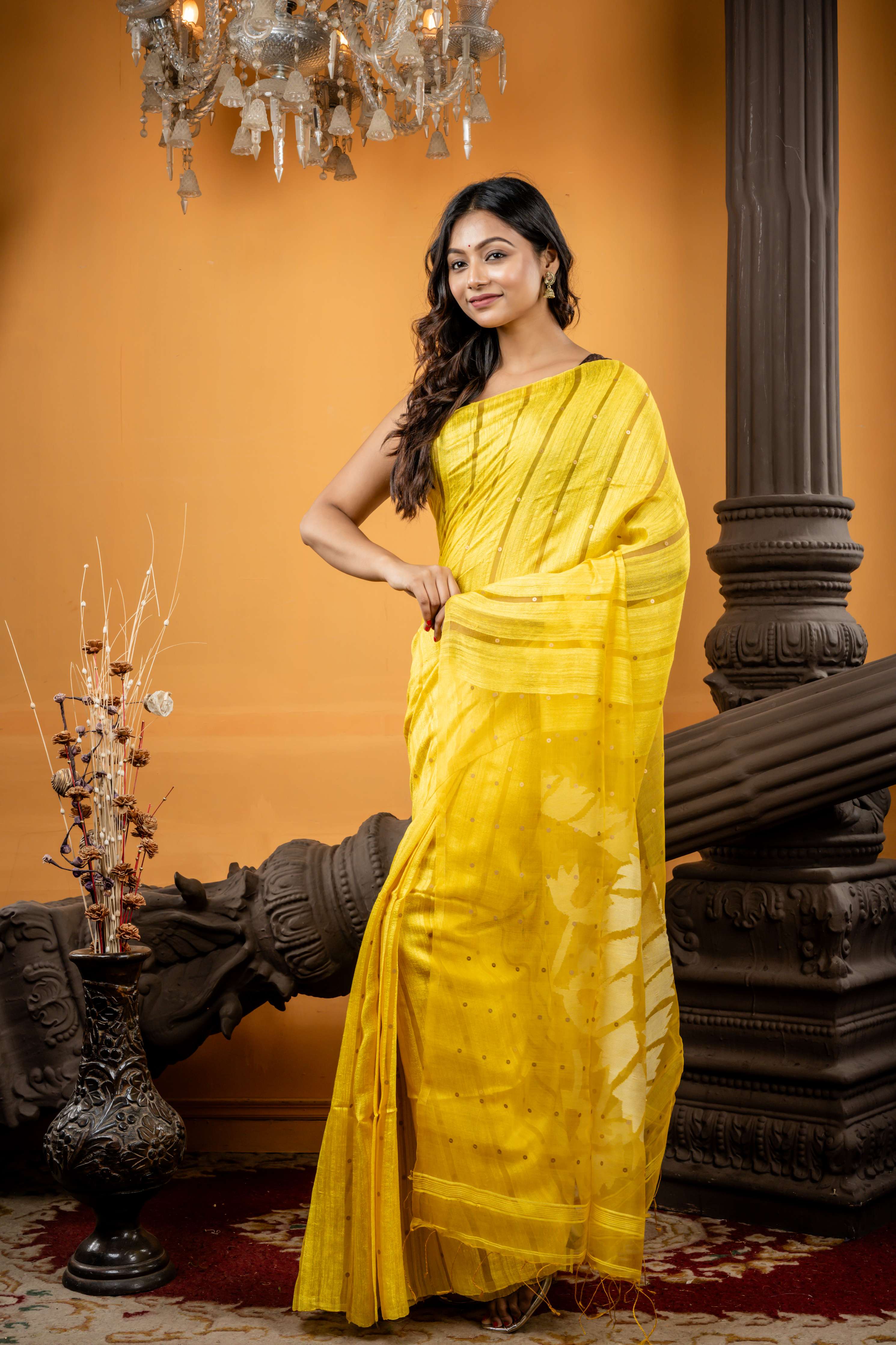 Sunanda || Sunflower Yellow Matka Bengal Handloom Saree with Half Body Plain, Half Body woven Antique Gold Sequins on Muslin block Stripes, Lemon Yellow Resham & Antique Gold Zari Floral Jamdani on Muslin Pallu embellished with woven Antique Gold Sequins