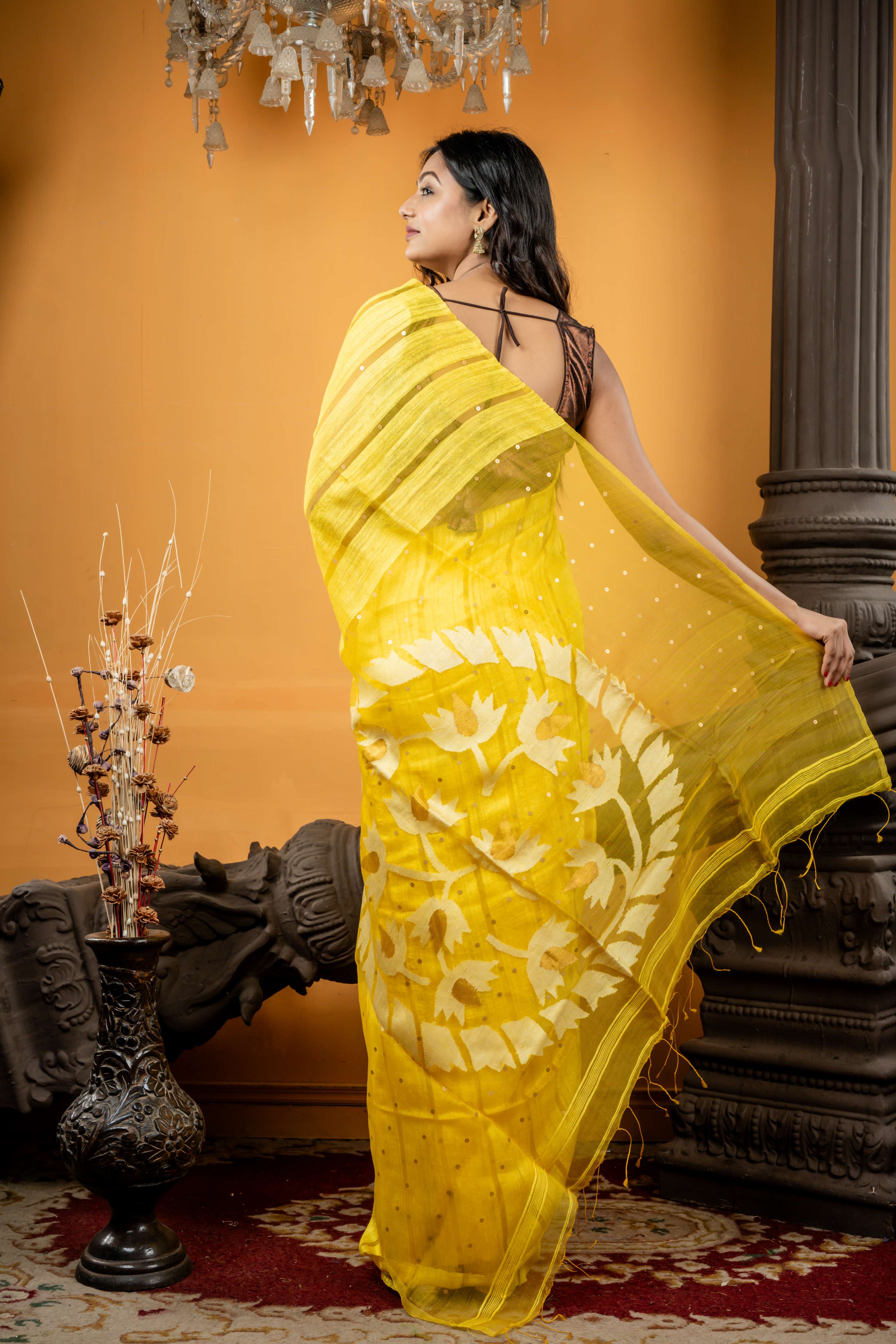 Sunanda || Sunflower Yellow Matka Bengal Handloom Saree with Half Body Plain, Half Body woven Antique Gold Sequins on Muslin block Stripes, Lemon Yellow Resham & Antique Gold Zari Floral Jamdani on Muslin Pallu embellished with woven Antique Gold Sequins