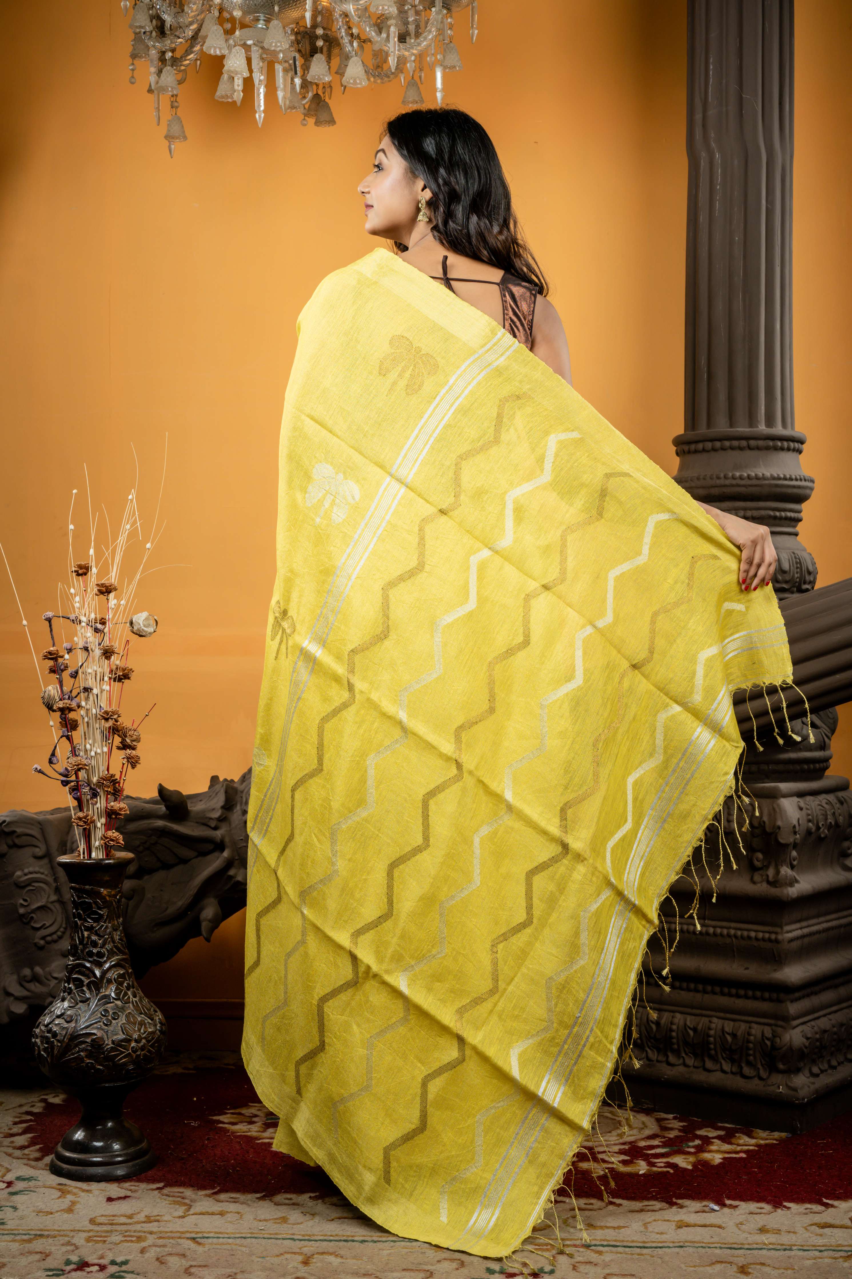 Olivia || Light Olive Yellow Linen Bengal Handloom Saree with all over Silver & Antique Gold Zari Dragonfly motif and ZigZag Stripe Pallu