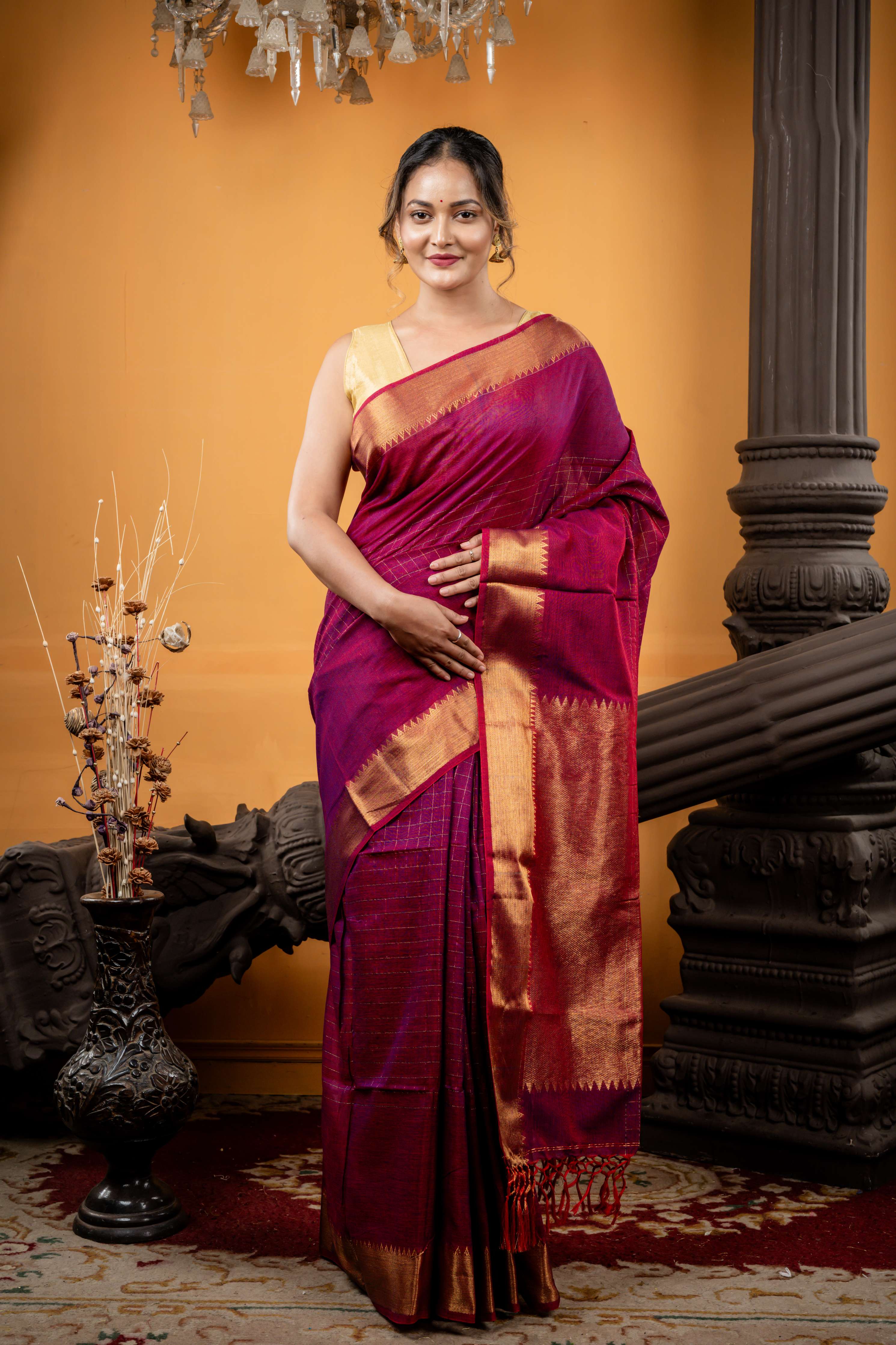 Checkerboard || Maroon & Black dual tone Khadi Cotton Bengal Handloom Mangalgiri Saree with Half Body Antique Gold Zari Checks and Half body mid-section block Checks with Brocade Pallu