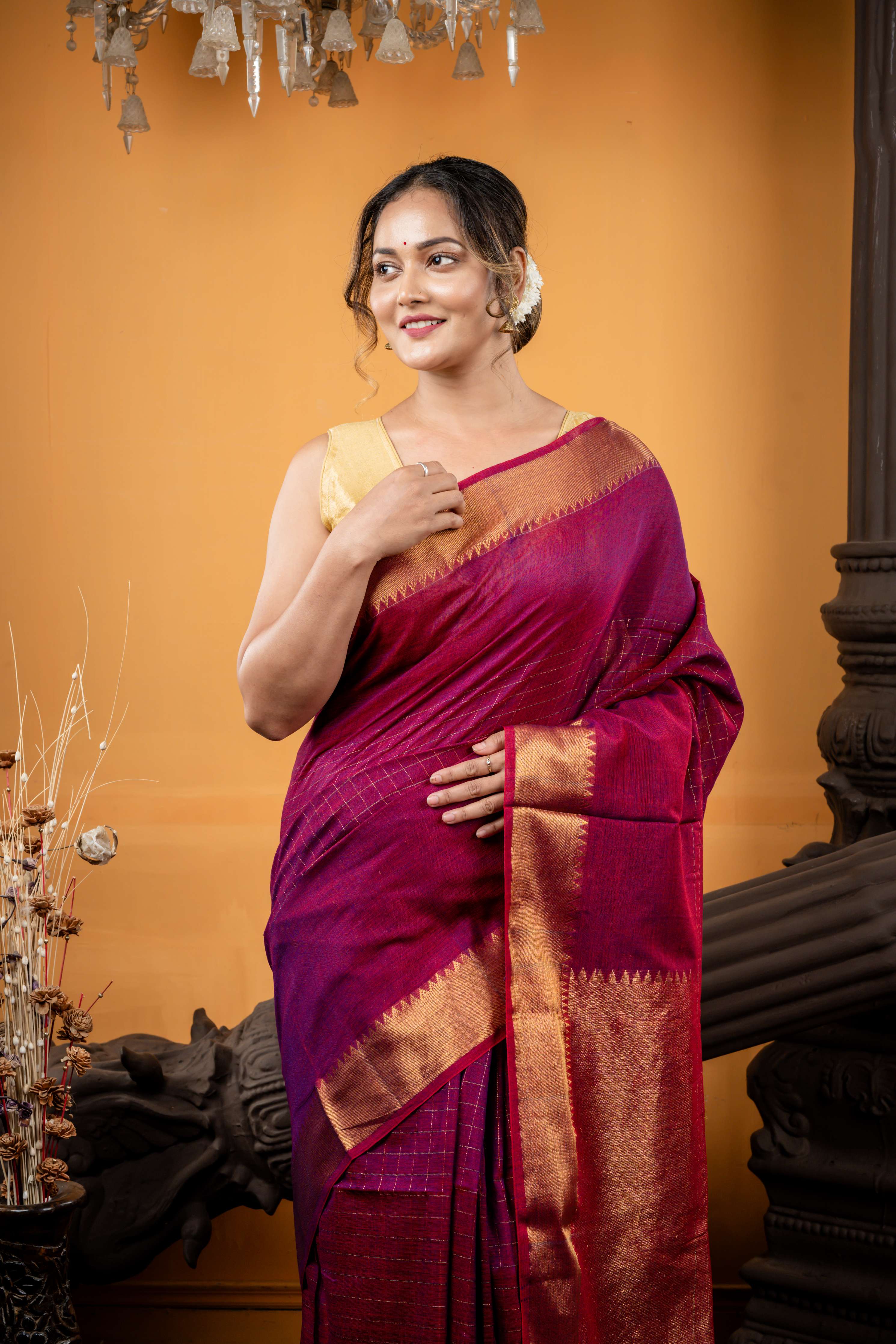 Checkerboard || Maroon & Black dual tone Khadi Cotton Bengal Handloom Mangalgiri Saree with Half Body Antique Gold Zari Checks and Half body mid-section block Checks with Brocade Pallu