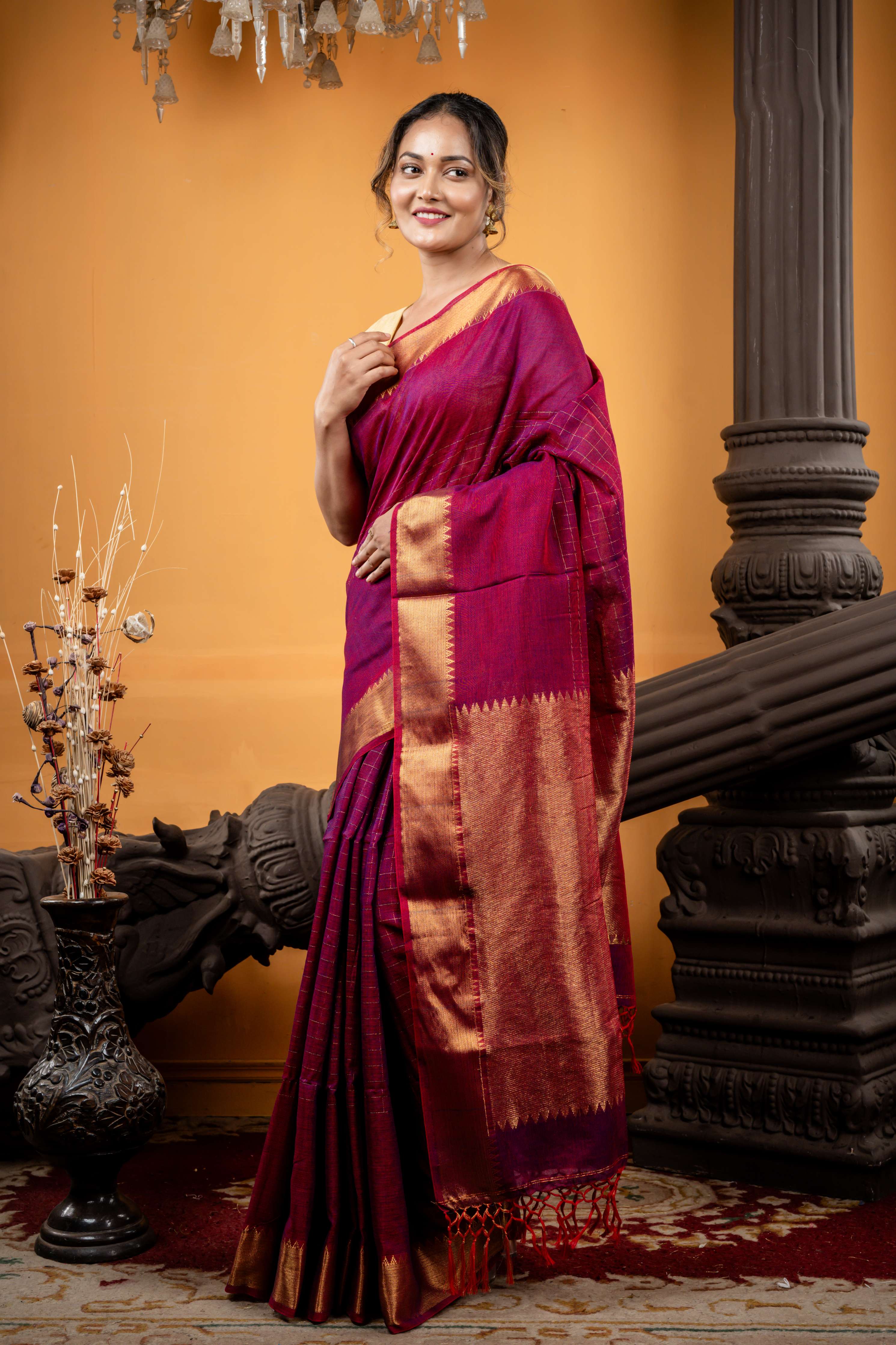 Checkerboard || Maroon & Black dual tone Khadi Cotton Bengal Handloom Mangalgiri Saree with Half Body Antique Gold Zari Checks and Half body mid-section block Checks with Brocade Pallu