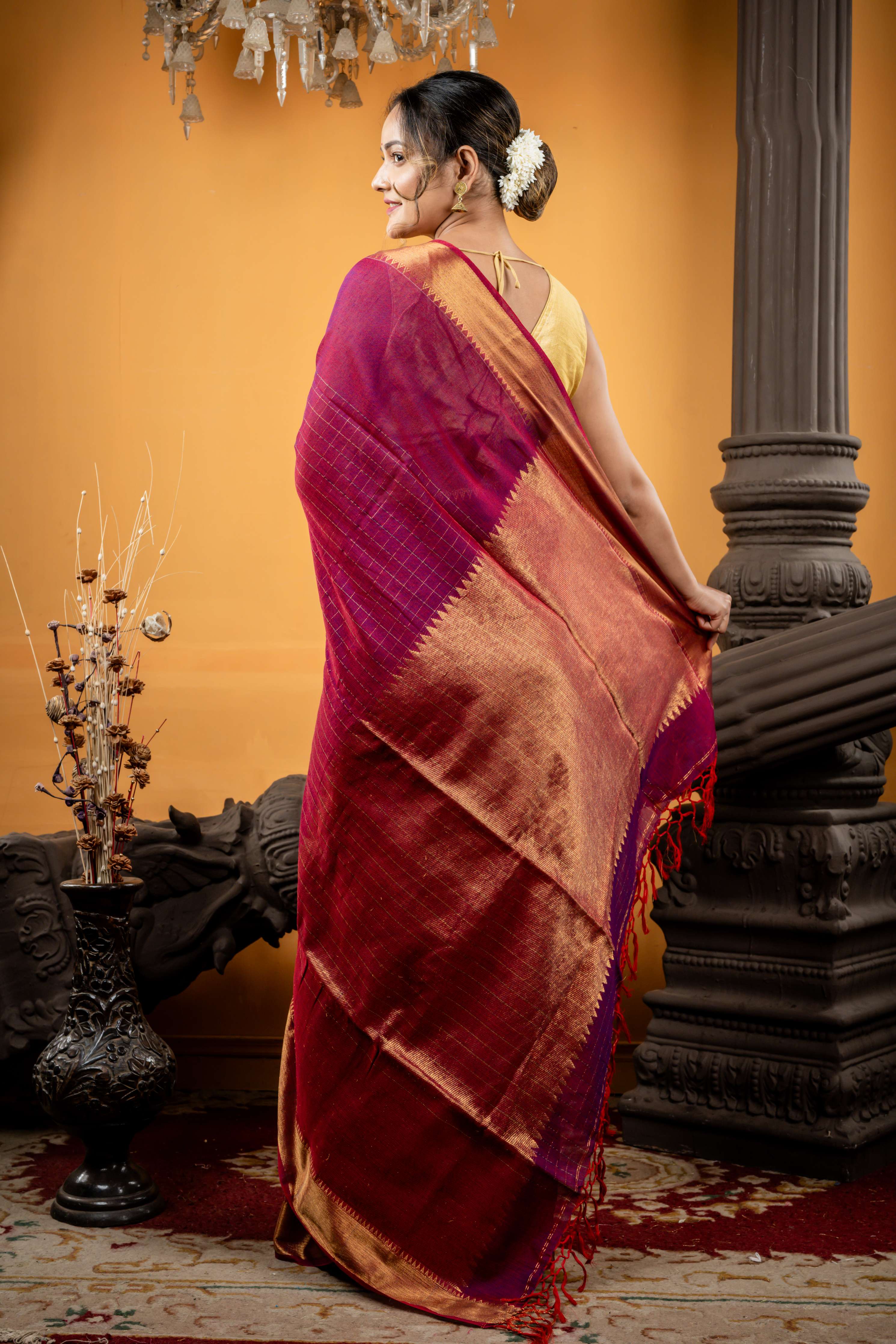 Checkerboard || Maroon & Black dual tone Khadi Cotton Bengal Handloom Mangalgiri Saree with Half Body Antique Gold Zari Checks and Half body mid-section block Checks with Brocade Pallu