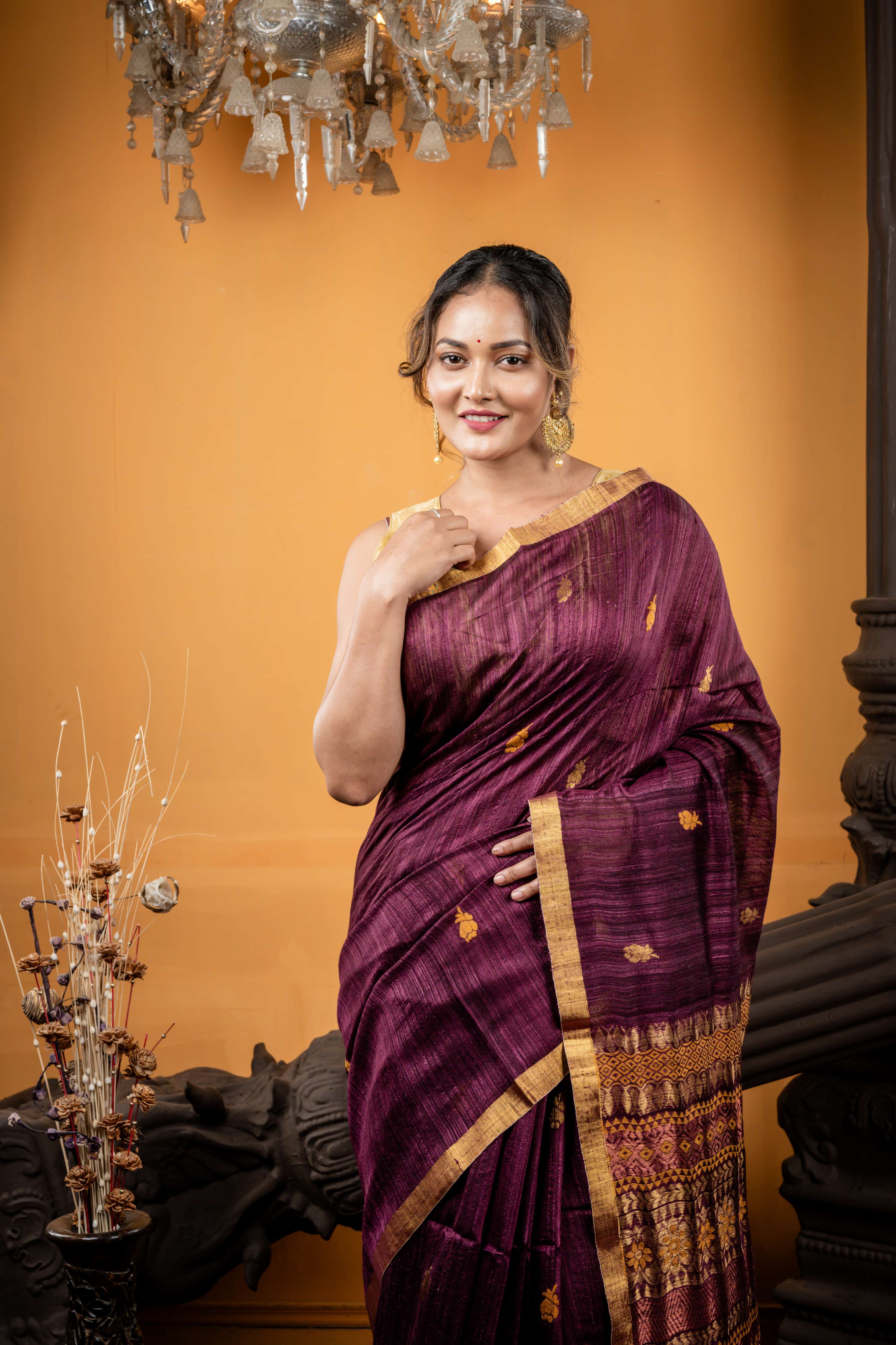 Chaitali || Wine Matka Bengal Handloom Saree with all over Mustard Yellow Resham & Antique Gold Zari Buti, Antique Gold Zari plain Border and Pallu in Assamese design & Copper highlights