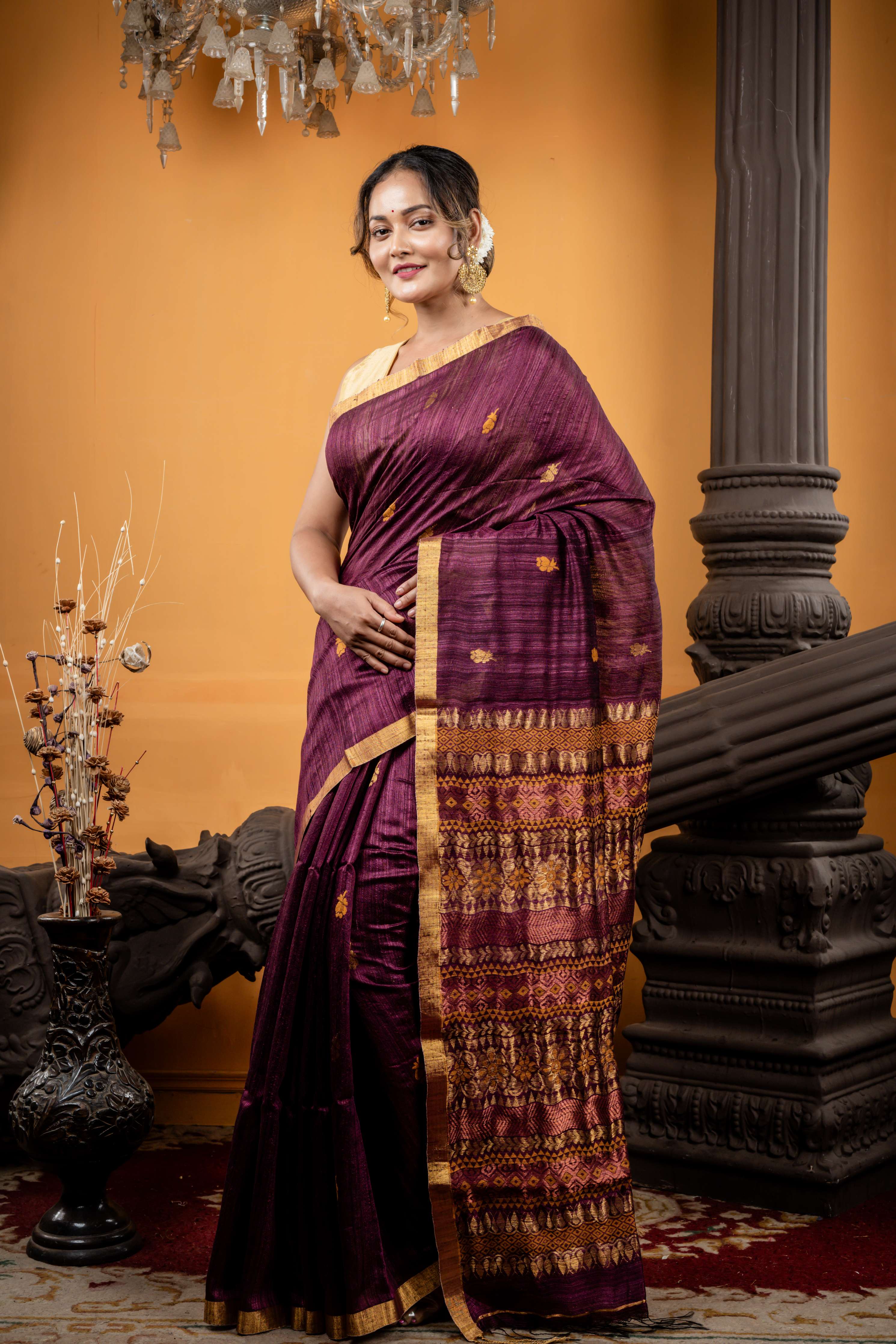 Chaitali || Wine Matka Bengal Handloom Saree with all over Mustard Yellow Resham & Antique Gold Zari Buti, Antique Gold Zari plain Border and Pallu in Assamese design & Copper highlights