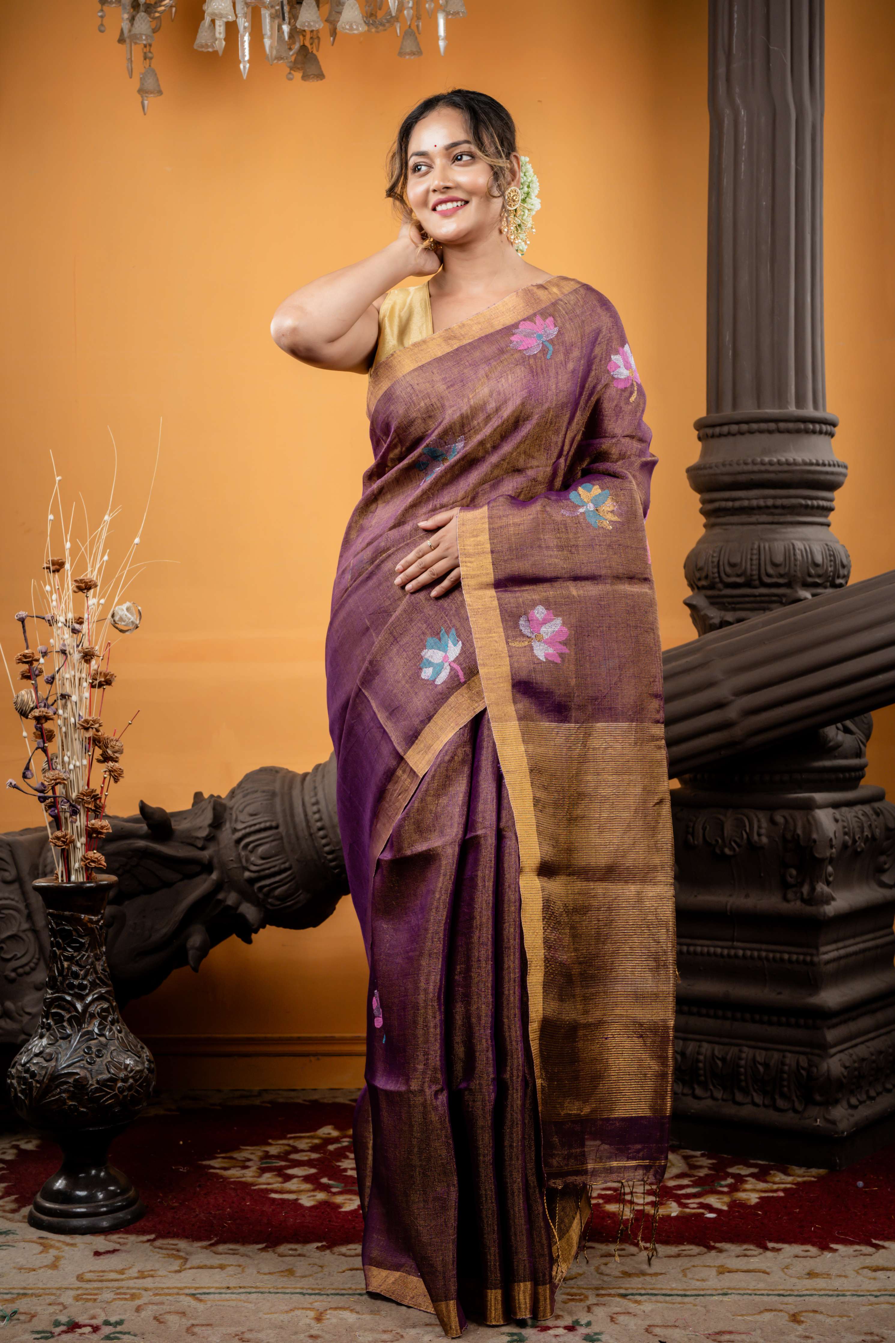 Kamolika || Purple & Gold dual tone Metallic Linen Bengal Handloom Saree with all over Multi-colour Resham, Silver & Gold Zari Lotus motif and Antique Gold Zari Border & Stripe Pallu