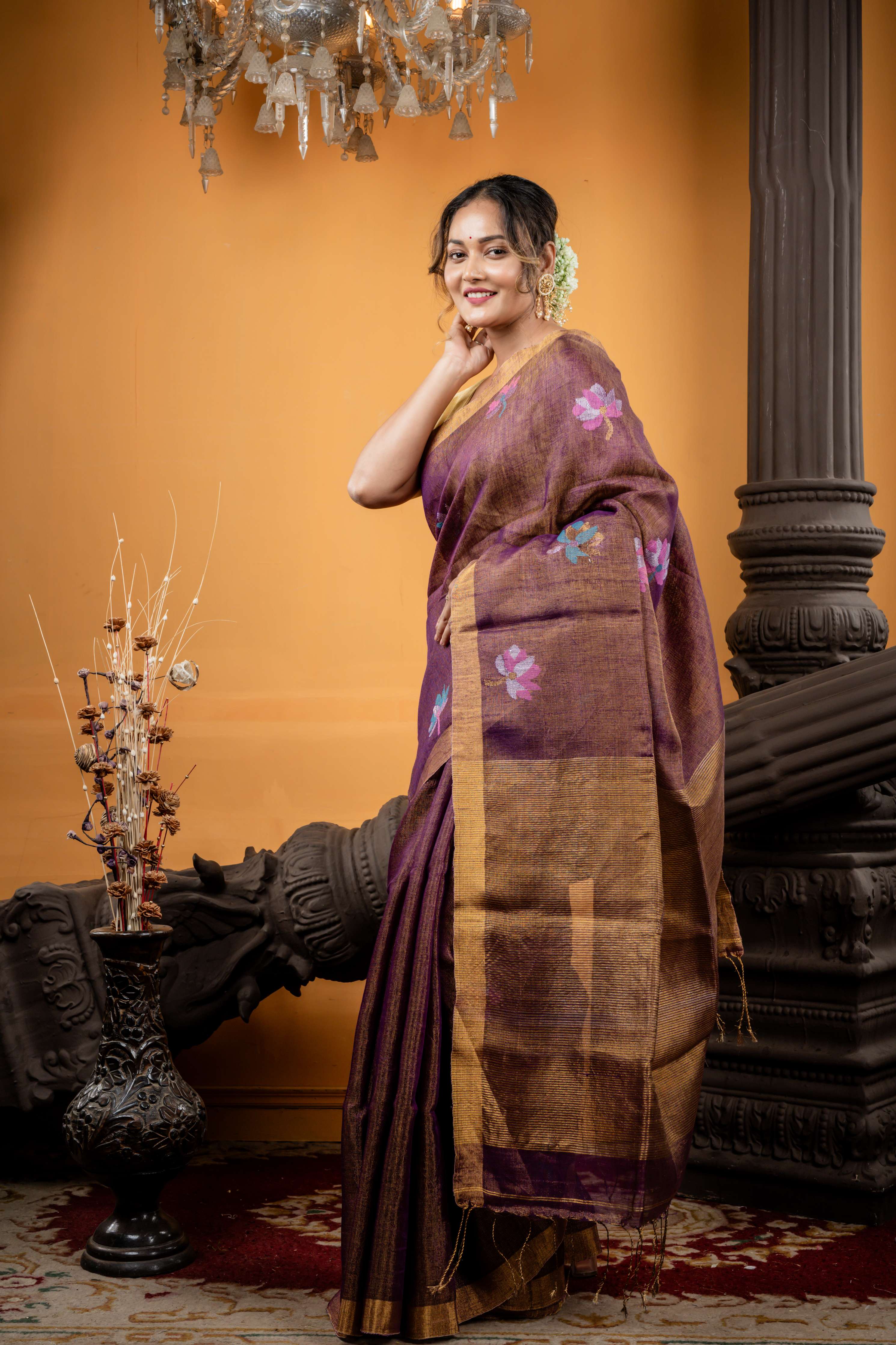 Kamolika || Purple & Gold dual tone Metallic Linen Bengal Handloom Saree with all over Multi-colour Resham, Silver & Gold Zari Lotus motif and Antique Gold Zari Border & Stripe Pallu