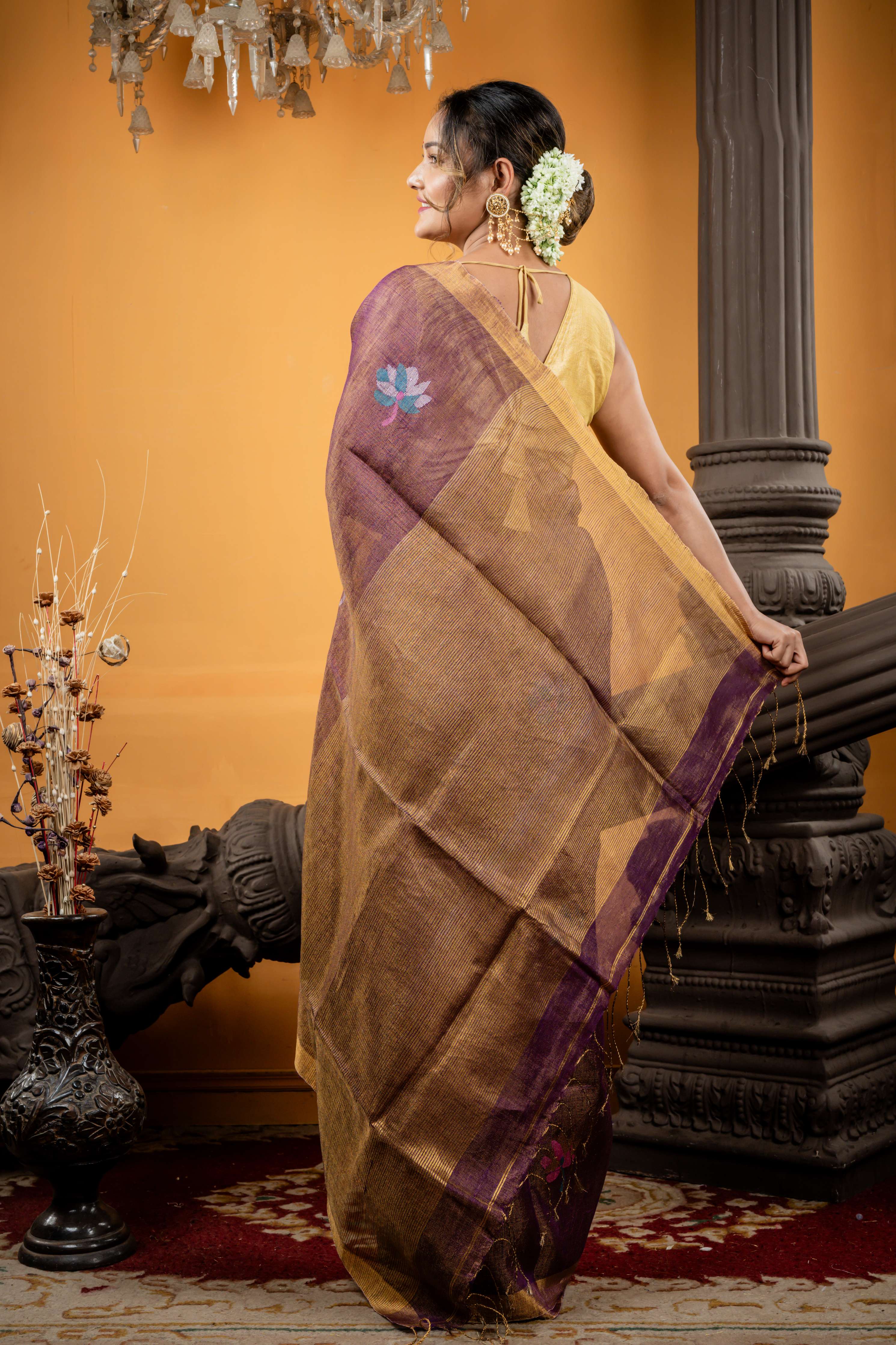 Kamolika || Purple & Gold dual tone Metallic Linen Bengal Handloom Saree with all over Multi-colour Resham, Silver & Gold Zari Lotus motif and Antique Gold Zari Border & Stripe Pallu