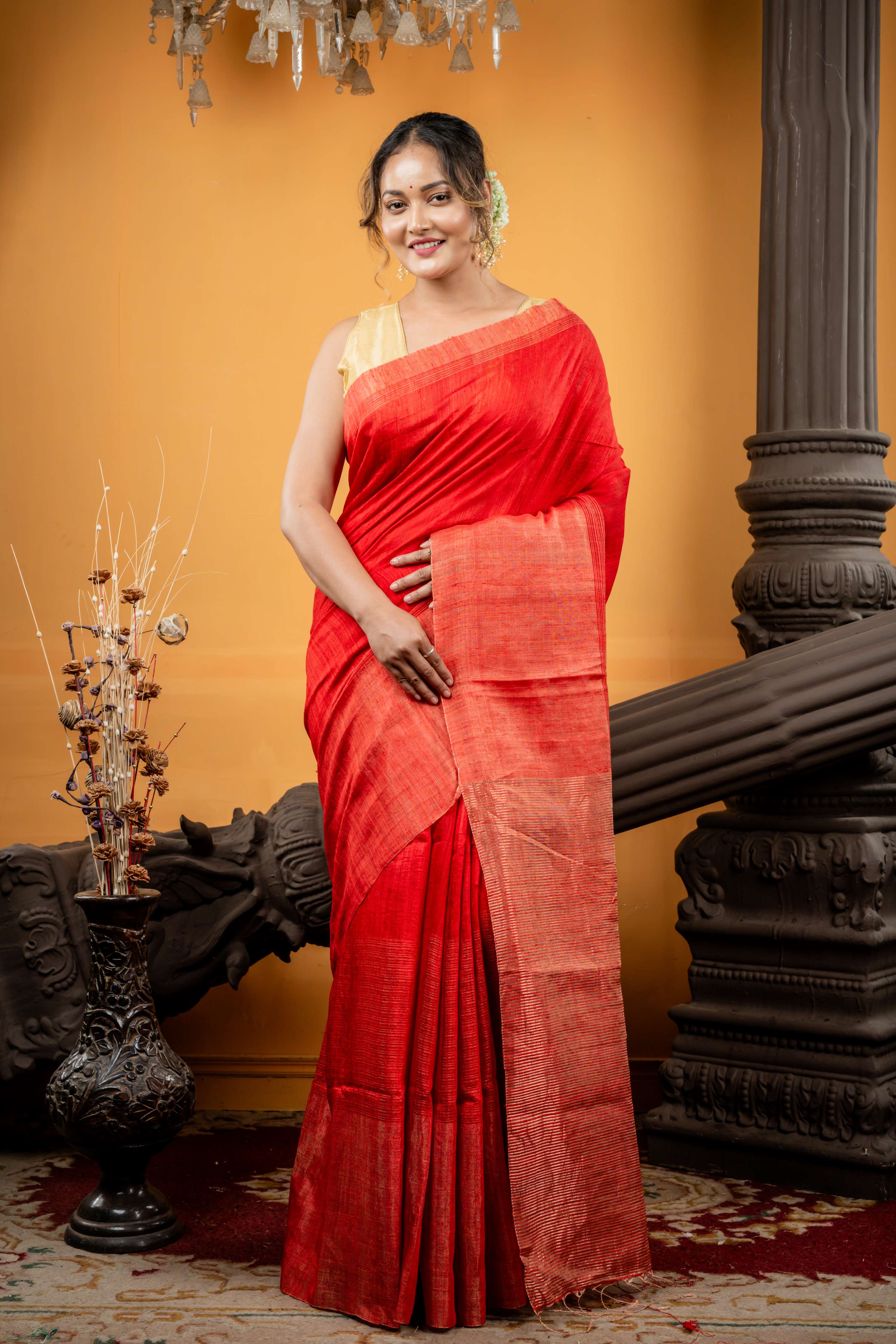 Aalta || Red Matka Bengal Handloom Saree with Plain Body, Matte Copper Zari plain 'Mahapadh' Border and Stripe Pallu
