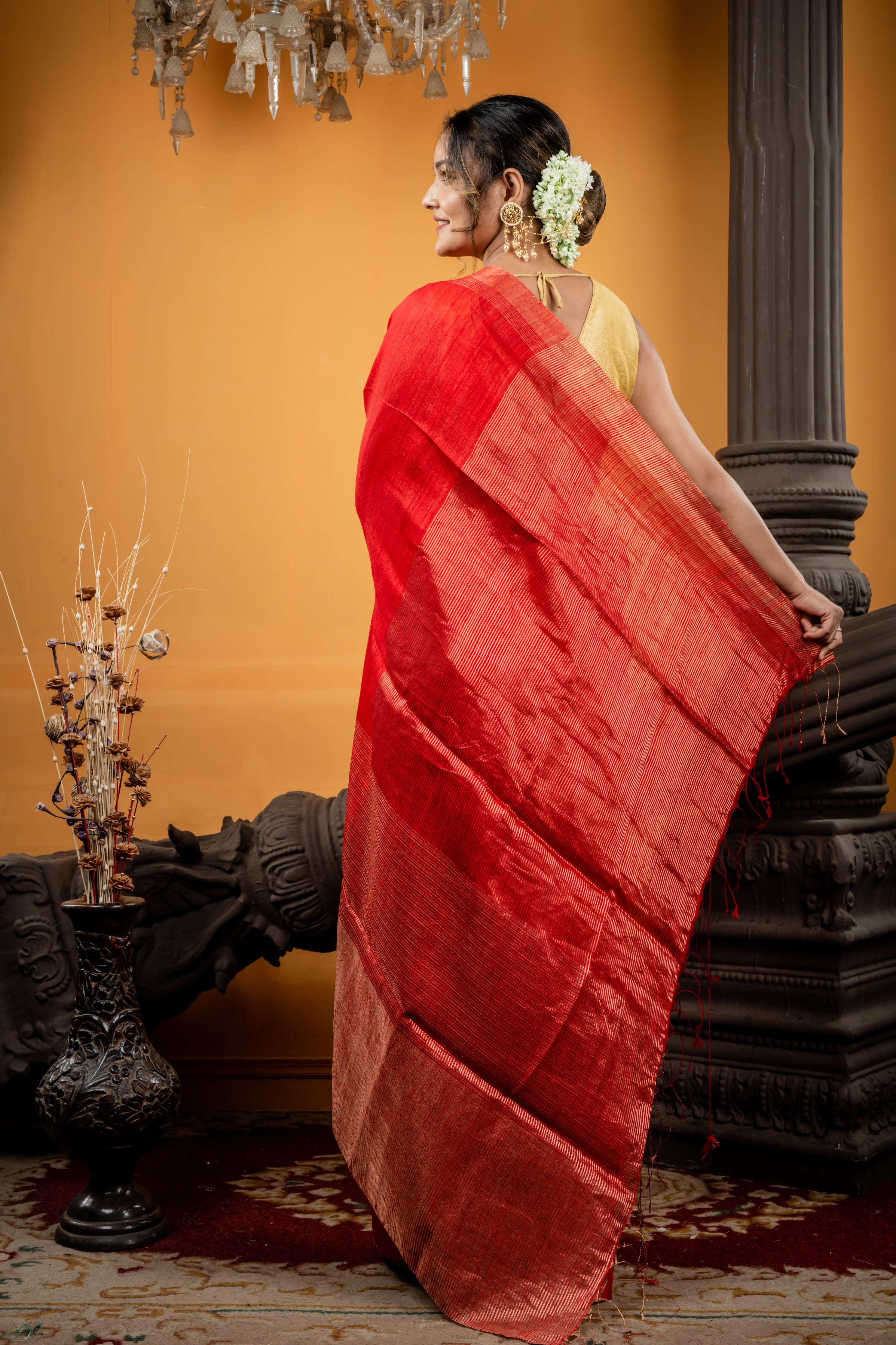 Aalta || Red Matka Bengal Handloom Saree with Plain Body, Matte Copper Zari plain 'Mahapadh' Border and Stripe Pallu