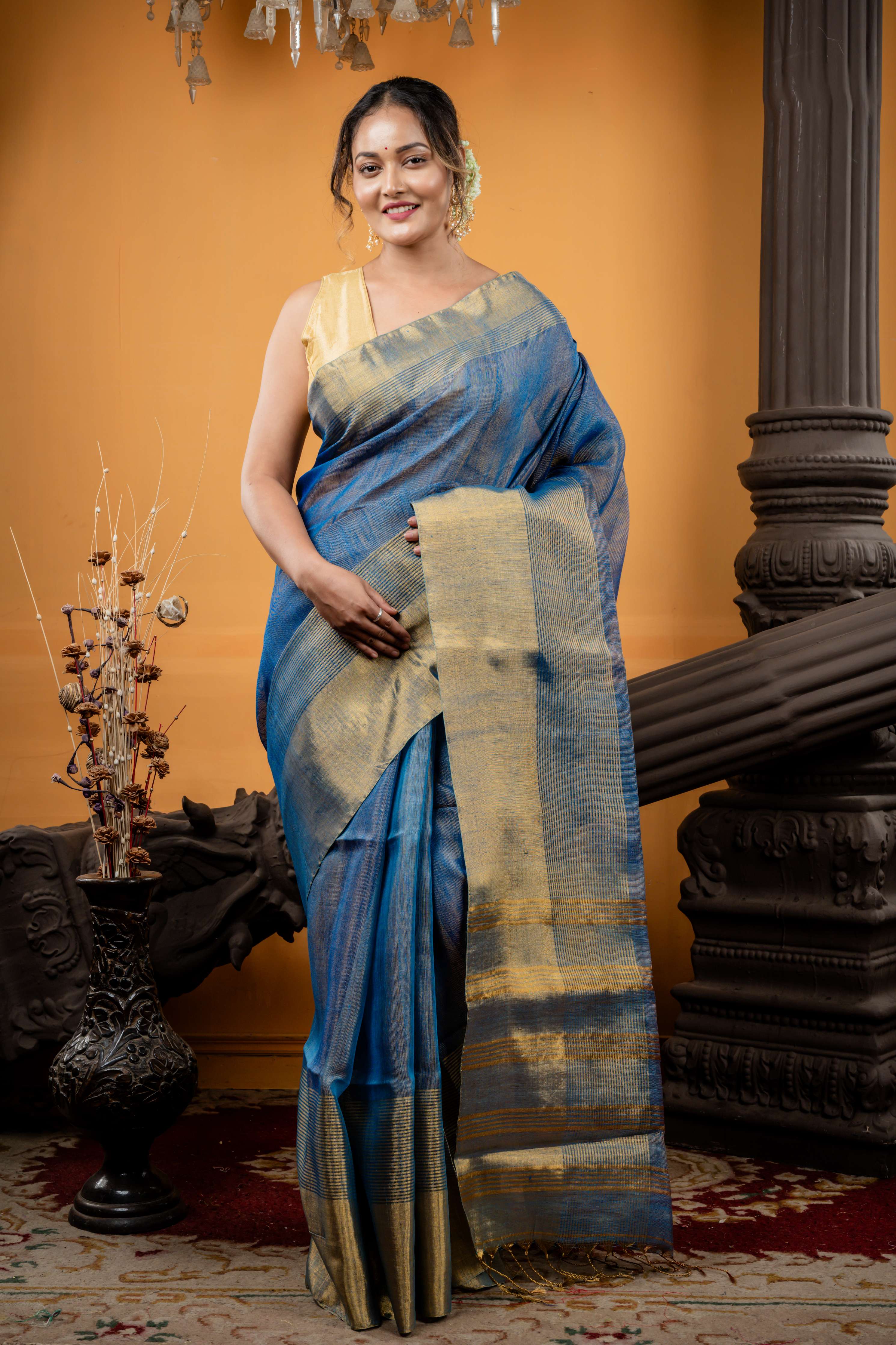 Malhar || Dusty Blue & Antique Gold dual tone Metallic Linen Bengal Handloom Saree with Matte Gold Zari Plain & Stripe combination 'Mahapadh' Border and Antique Gold Zari Stripe Pallu