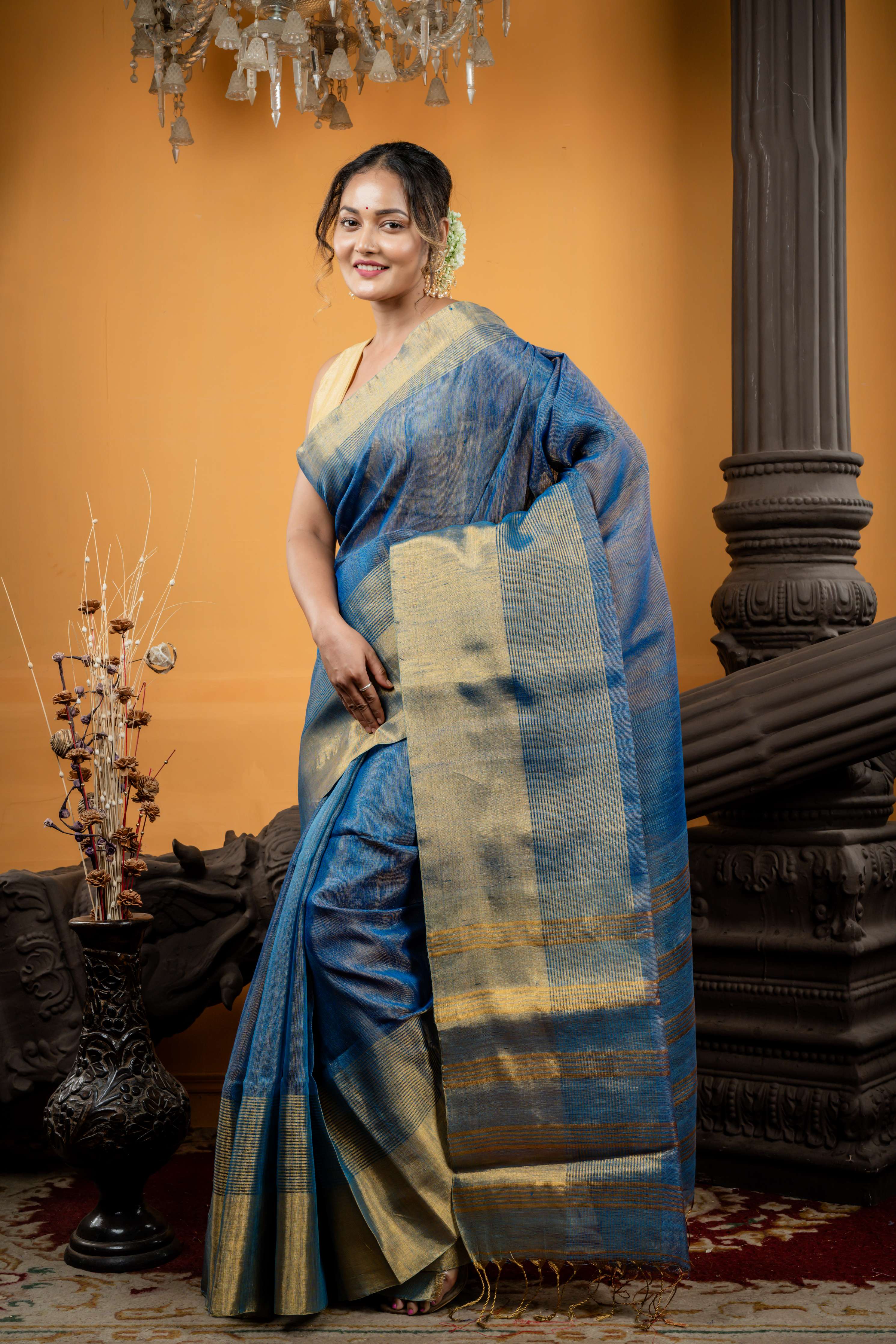 Malhar || Dusty Blue & Antique Gold dual tone Metallic Linen Bengal Handloom Saree with Matte Gold Zari Plain & Stripe combination 'Mahapadh' Border and Antique Gold Zari Stripe Pallu