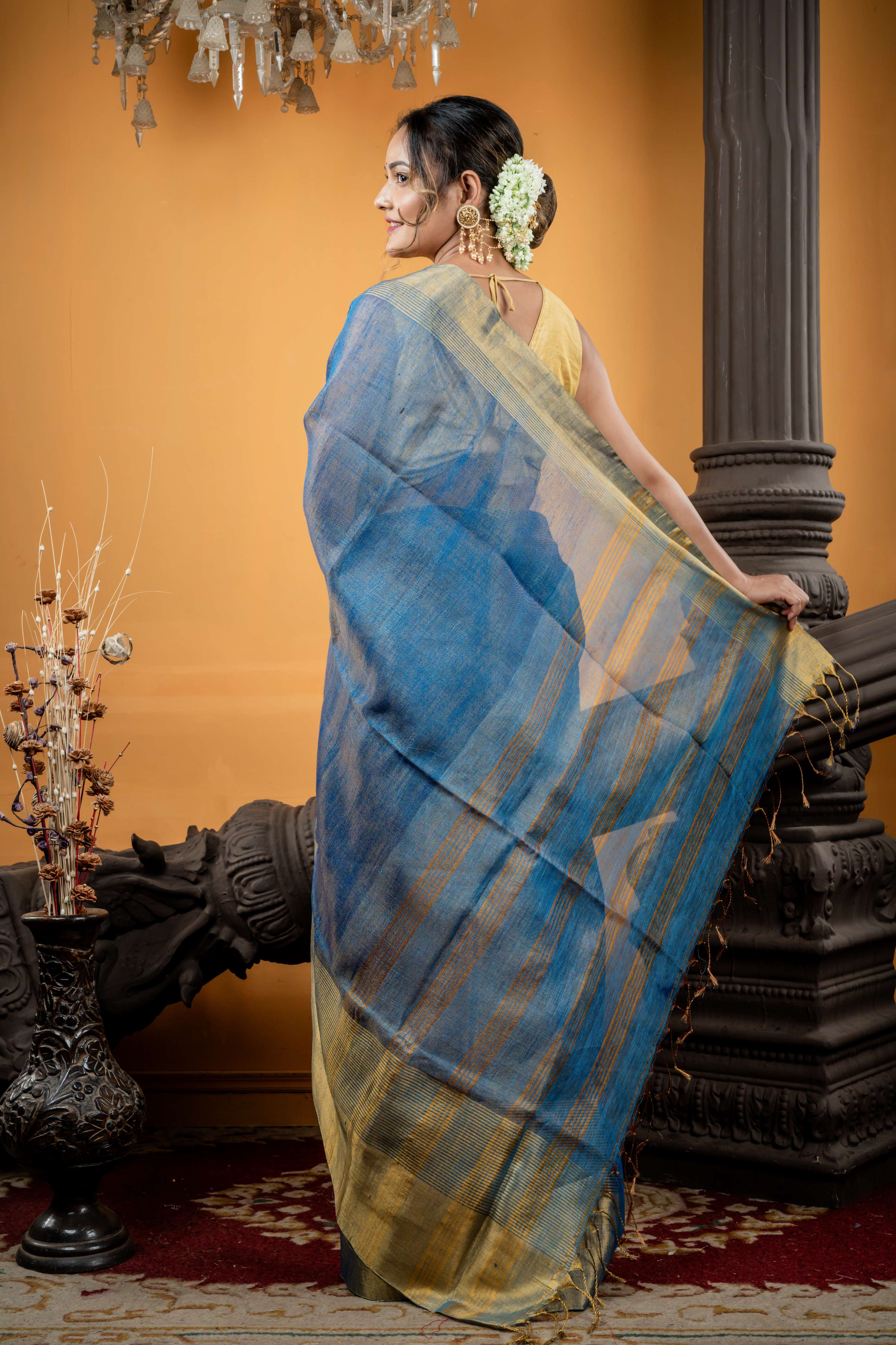 Malhar || Dusty Blue & Antique Gold dual tone Metallic Linen Bengal Handloom Saree with Matte Gold Zari Plain & Stripe combination 'Mahapadh' Border and Antique Gold Zari Stripe Pallu
