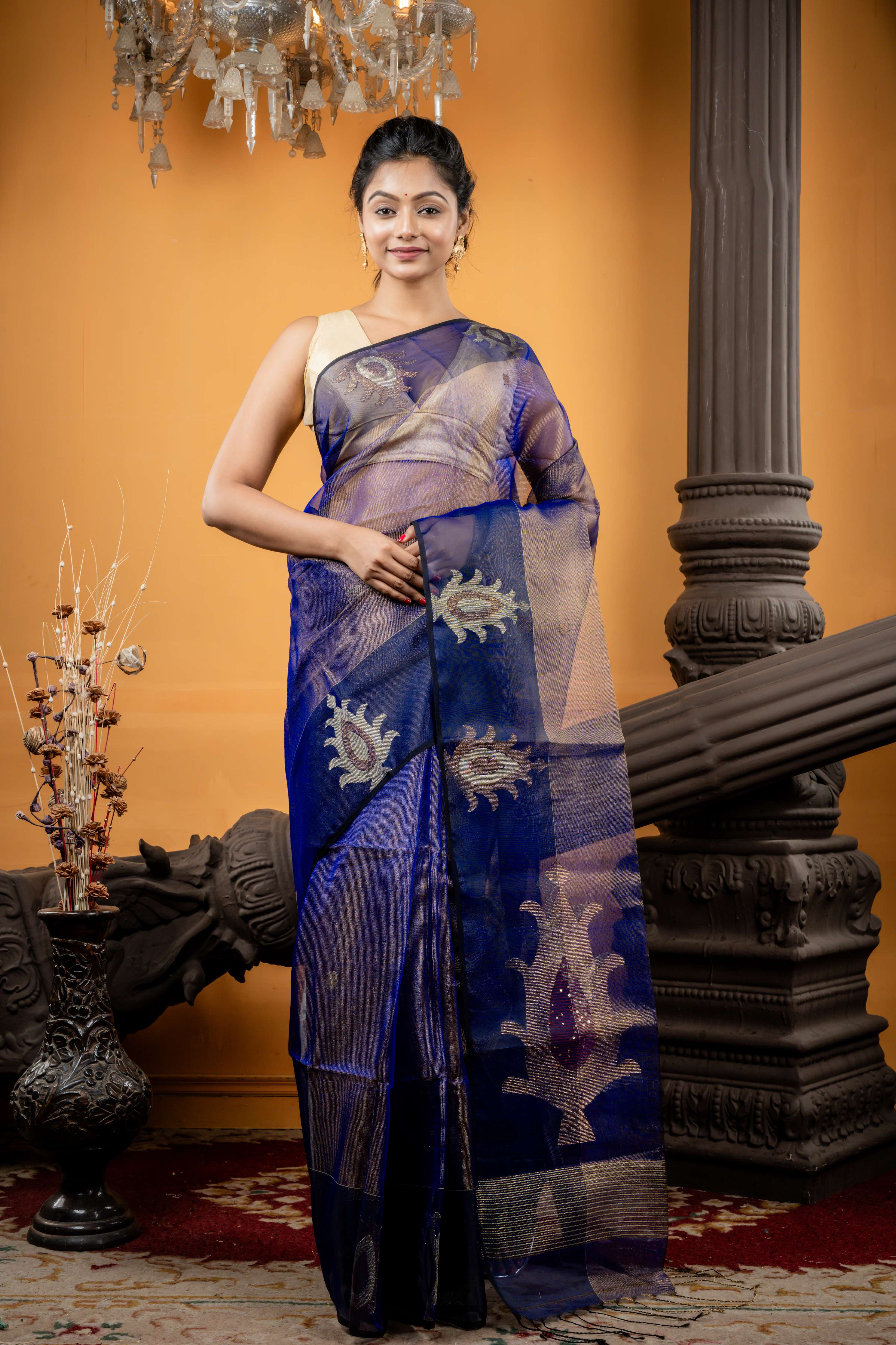 Neelanjana || Royal Blue & Black dual tone Premium Muslin Bengal Handloom Saree with all over Gold & Copper Zari Buta and Traditional motif Border & Pallu with Sequins highlights