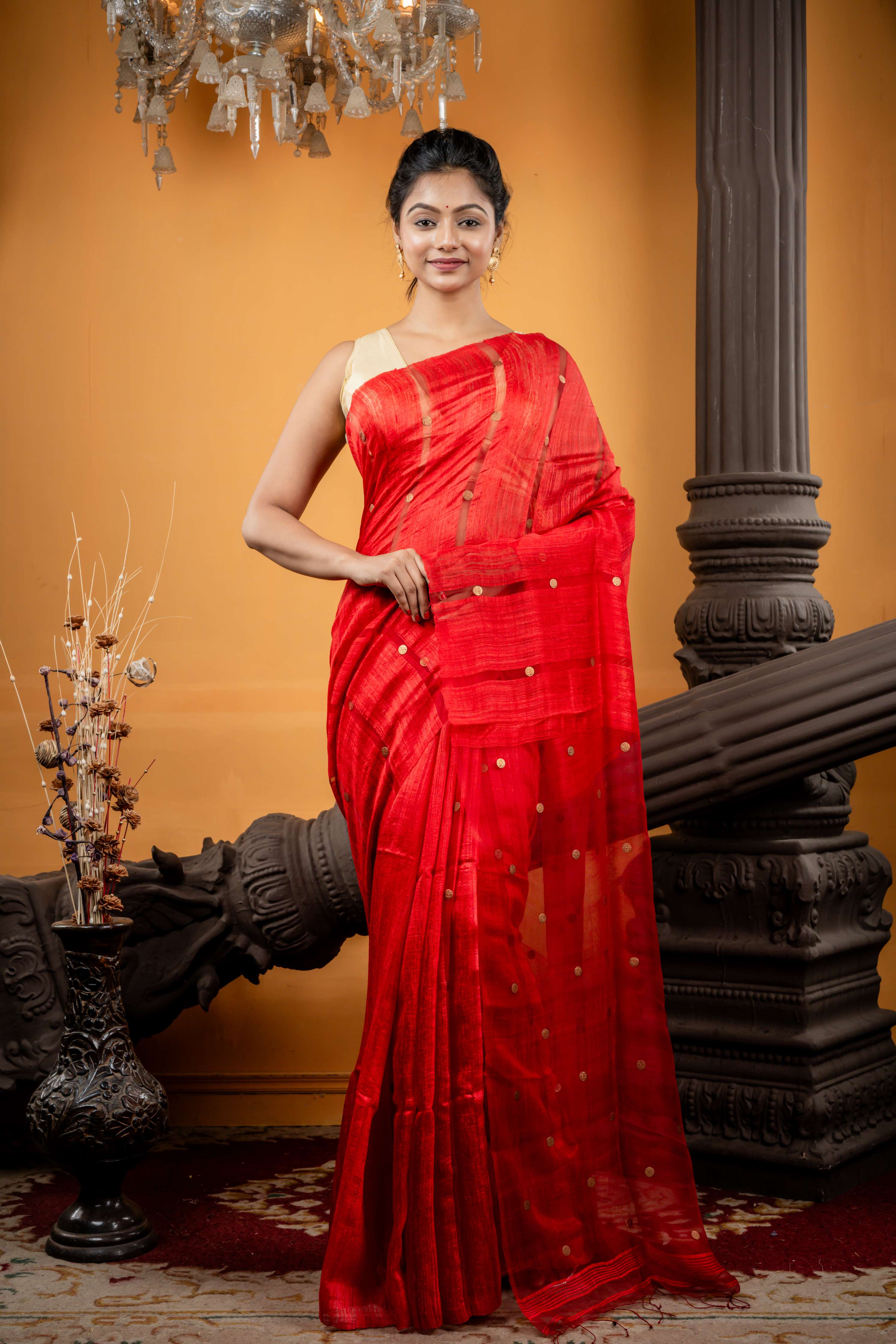 Aadya || Red Matka Bengal Handloom Saree with Half Body Plain, Half Body woven Antique Guinea highlights on Muslin block Stripes and woven Antique Guinea Muslin Pallu