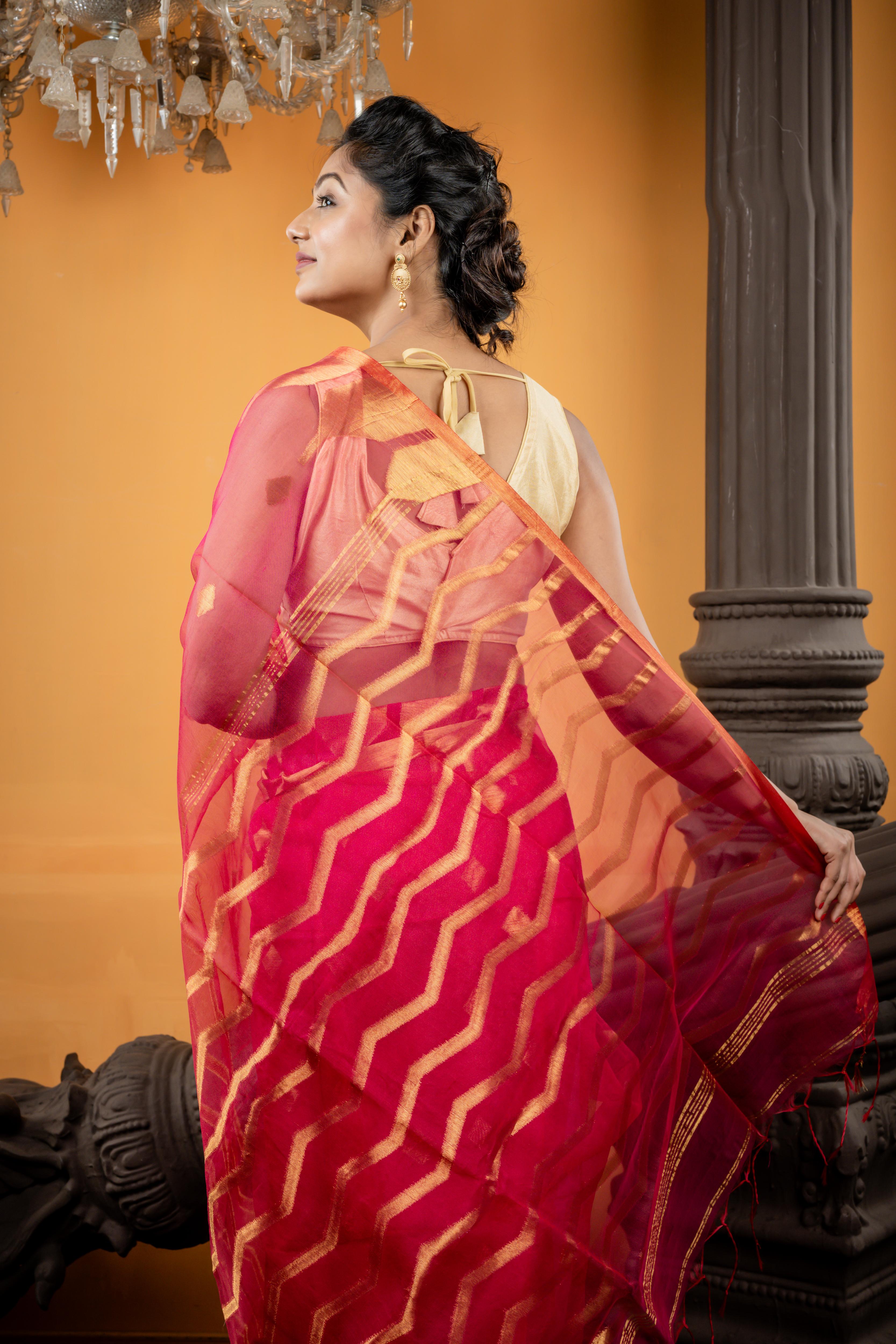 Nabarupa || Magenta Pink Muslin Saree with all over Golden Zari Abstract Buta, ZigZag Stripe Pallu and Sleek Border with 'Temple' motifs