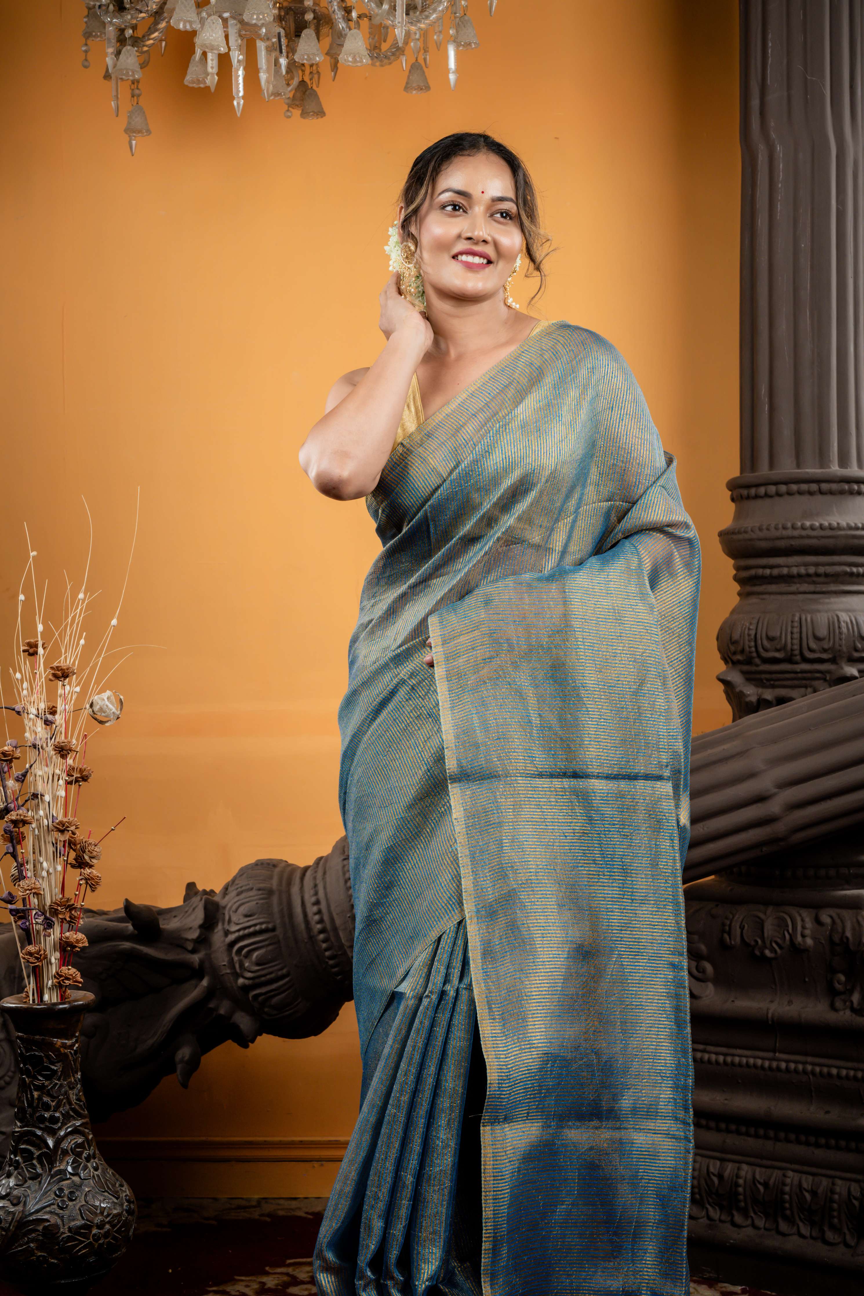 Kaushiki || Dusty Blue Metallic Linen Bengal Handloom Saree with all over Antique Gold Stripes and Sleek Border