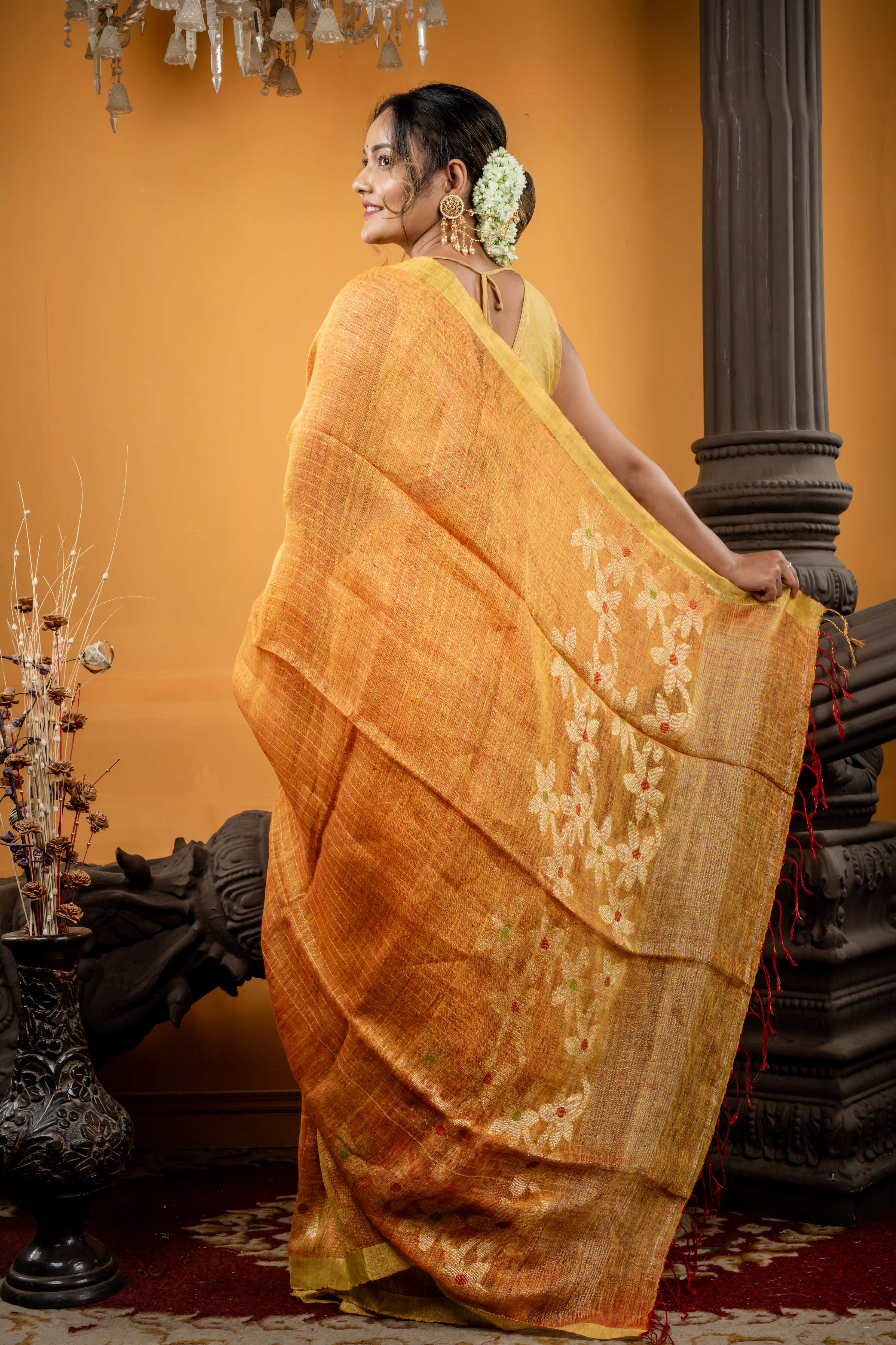 Agnimitra || Rust Orange & Yellow dual tone Linen Bengal Handloom Saree with all over Golden Zari Checks and Silver Zari Floral motif with Multi-colour Buti Border & Pallu