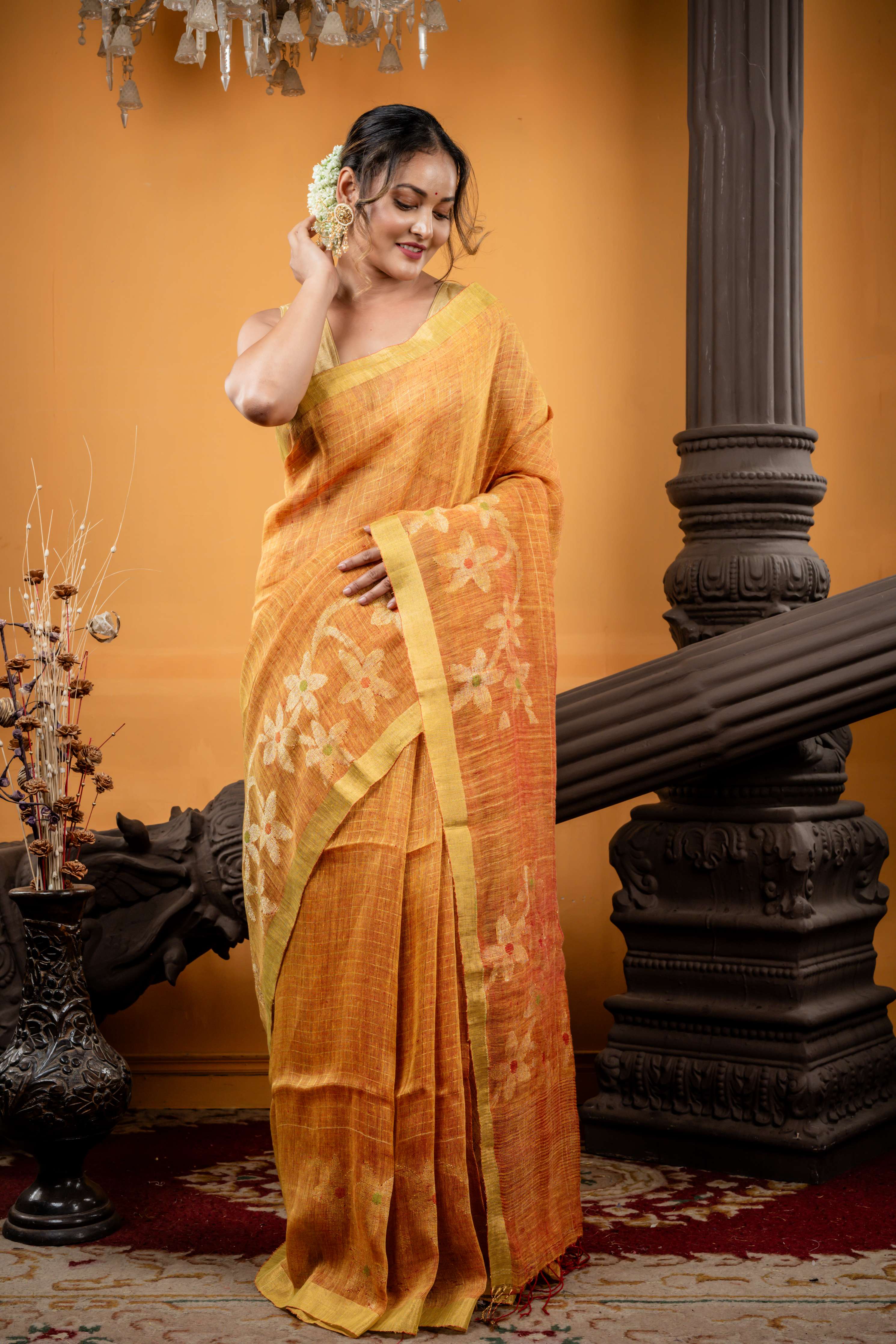 Agnimitra || Rust Orange & Yellow dual tone Linen Bengal Handloom Saree with all over Golden Zari Checks and Silver Zari Floral motif with Multi-colour Buti Border & Pallu