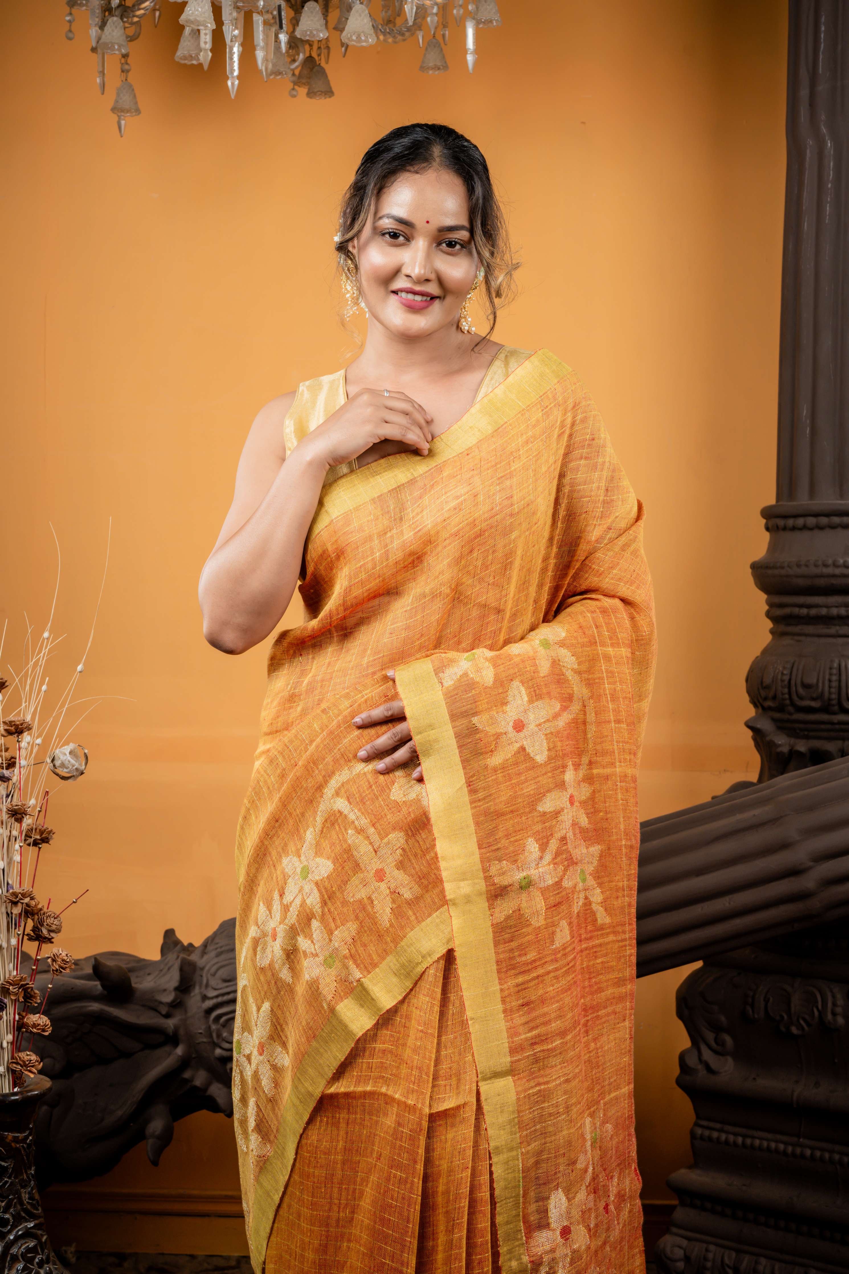 Agnimitra || Rust Orange & Yellow dual tone Linen Bengal Handloom Saree with all over Golden Zari Checks and Silver Zari Floral motif with Multi-colour Buti Border & Pallu