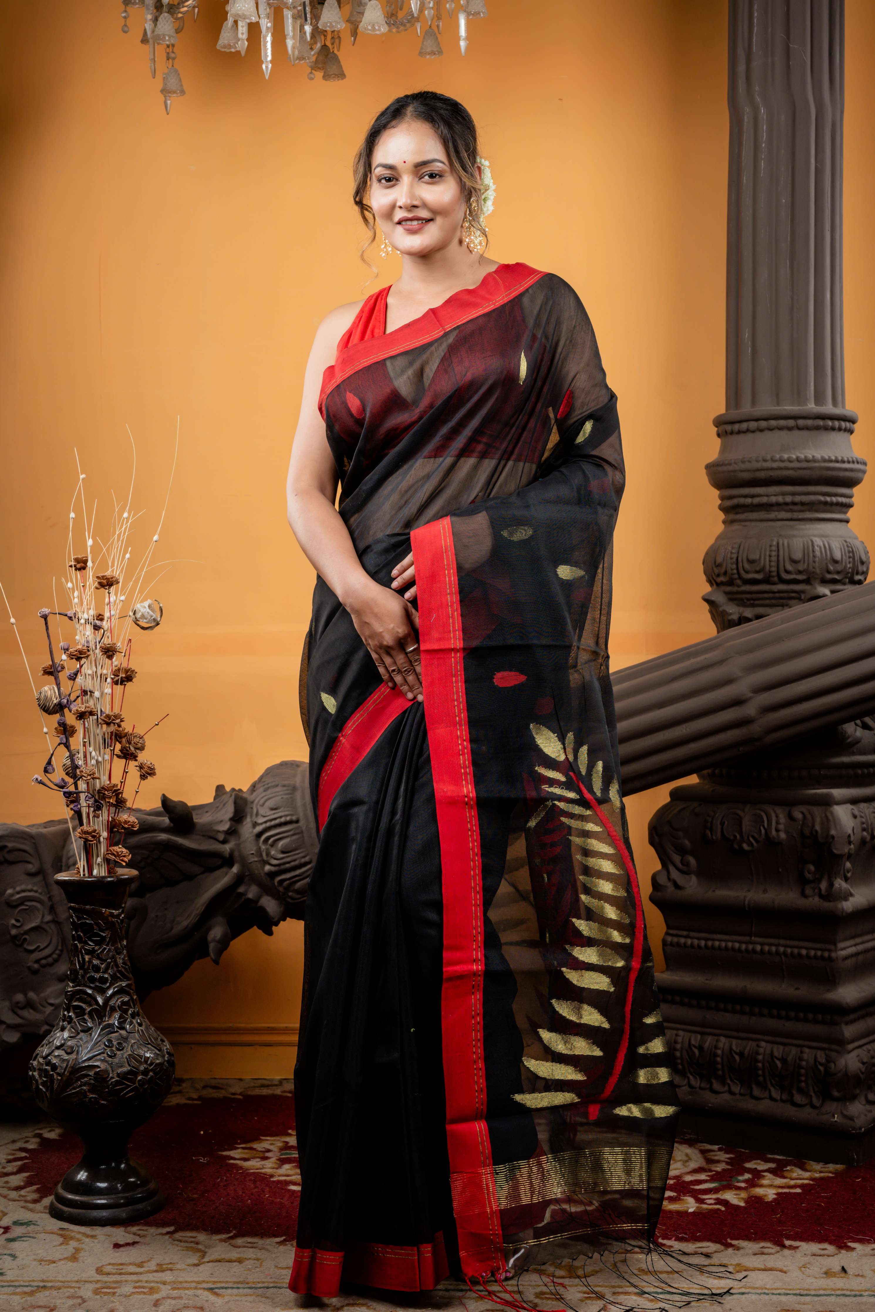 Kaalratri || Black Muslin Saree with all over Red Resham & Golden Zari 'Leaf' motif Buta & Pallu