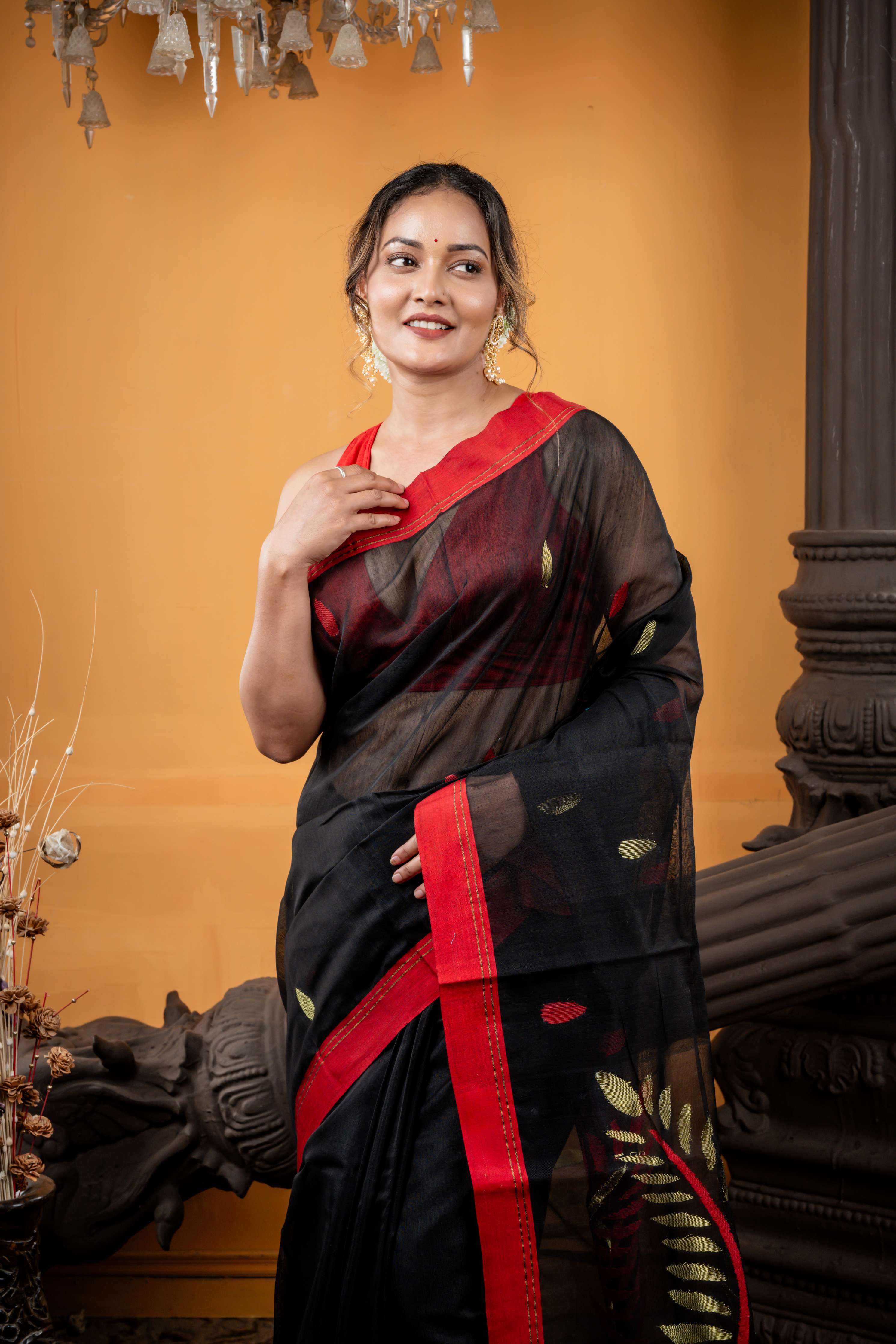 Kaalratri || Black Muslin Saree with all over Red Resham & Golden Zari 'Leaf' motif Buta & Pallu