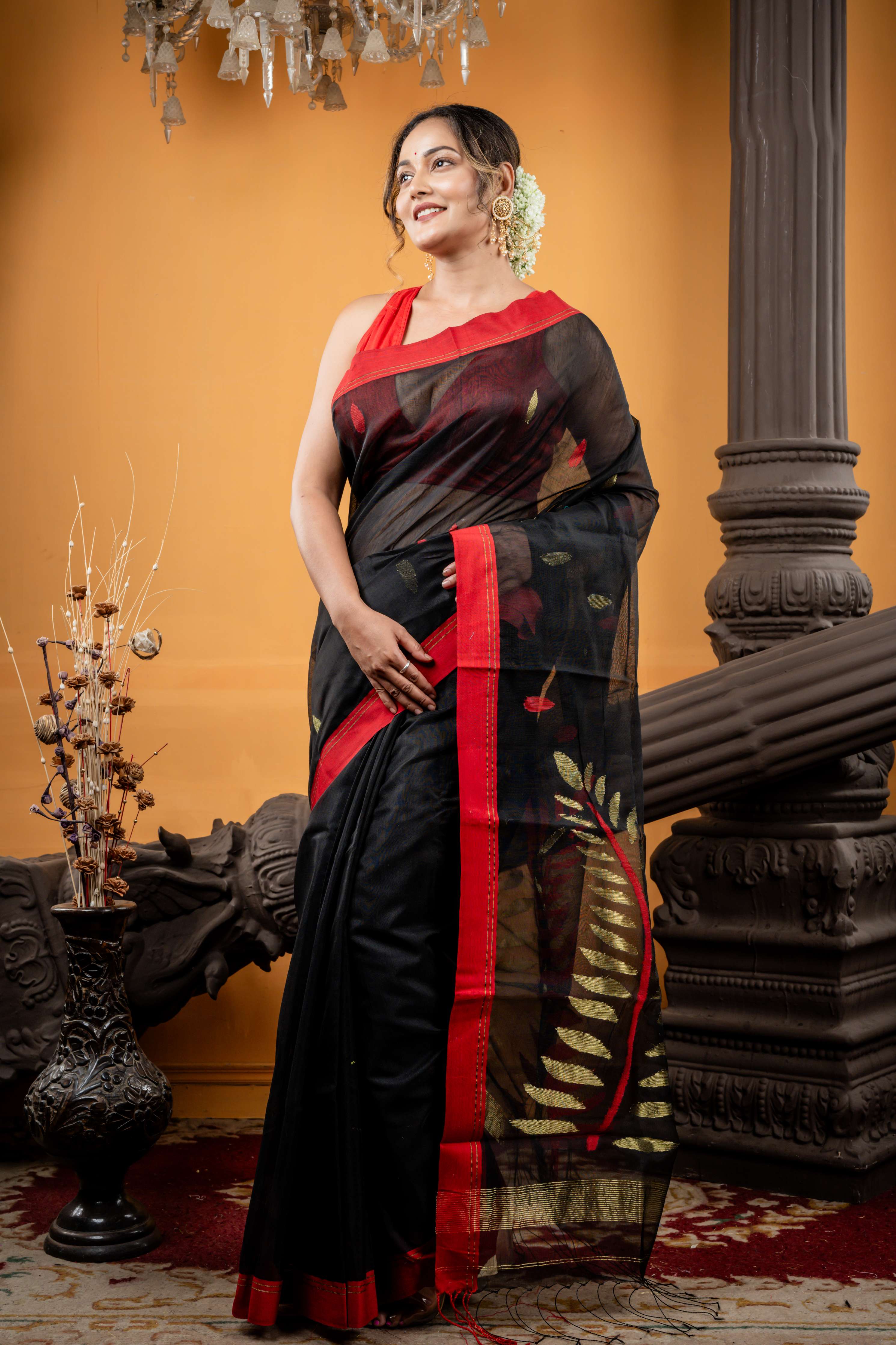 Kaalratri || Black Muslin Saree with all over Red Resham & Golden Zari 'Leaf' motif Buta & Pallu