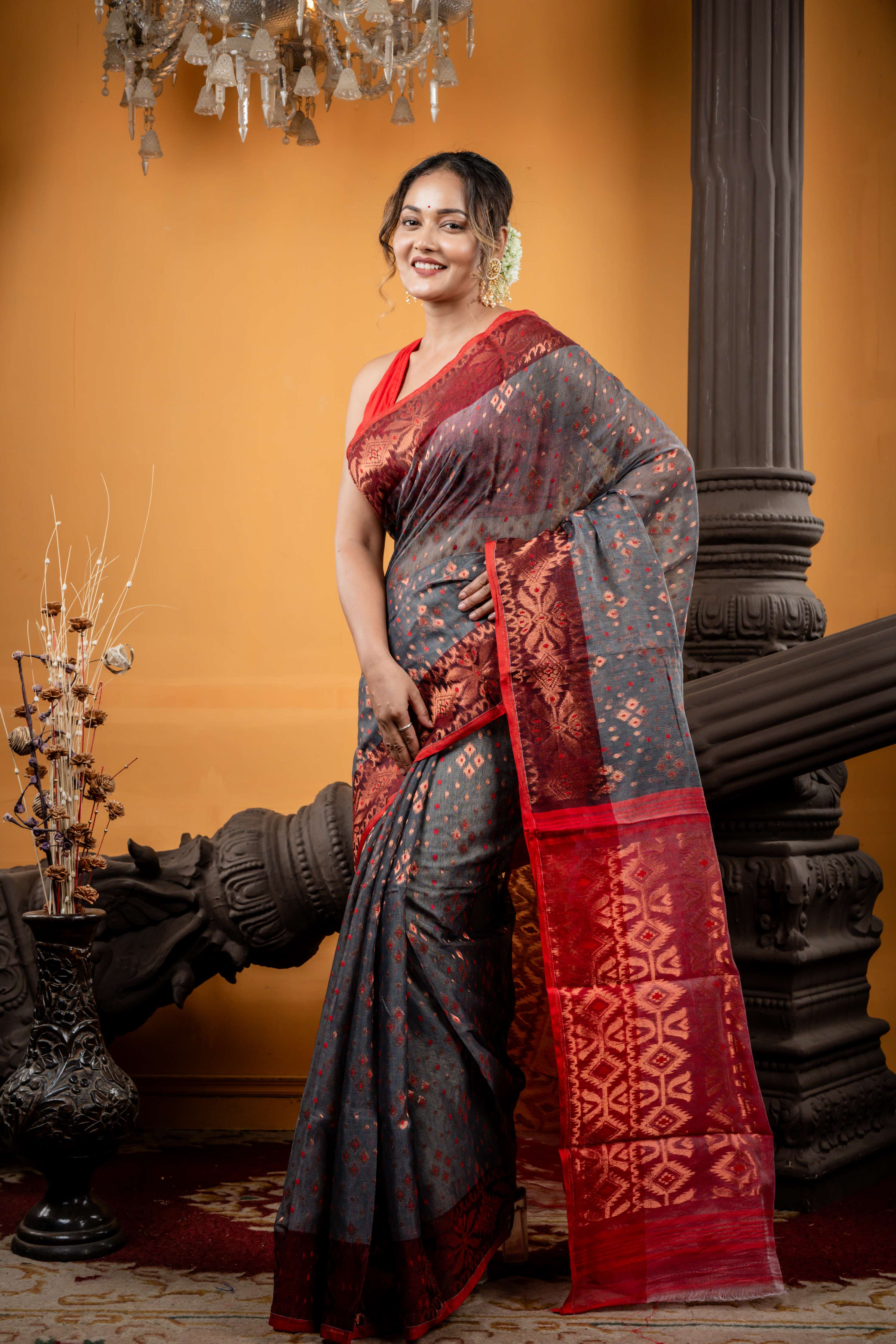 Paromita || Charcoal Grey Resham Cotton Saree with all over Red Dhakai Buti and Copper Zari Jamdani Buta, Floral Border & Pallu
