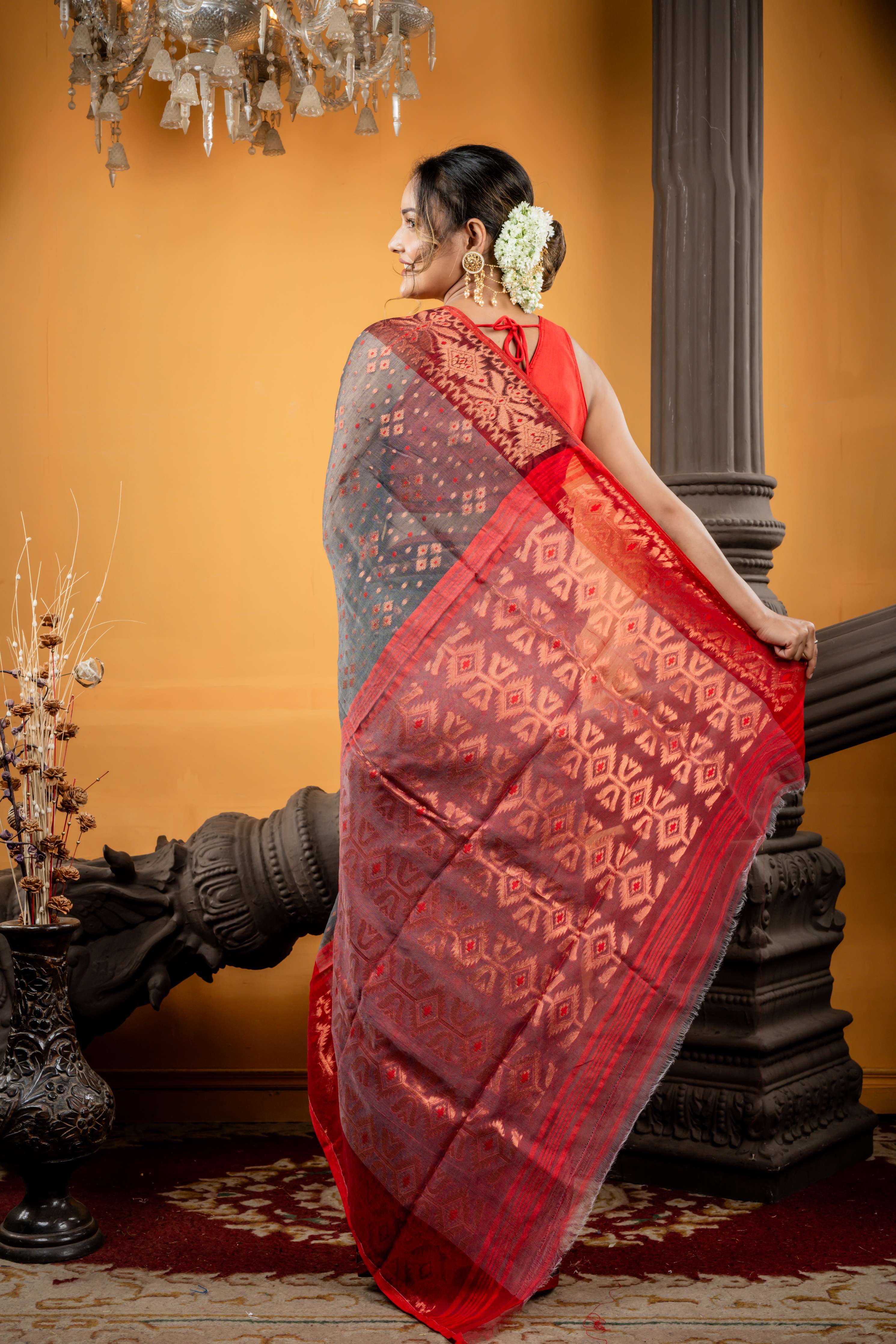 Paromita || Charcoal Grey Resham Cotton Saree with all over Red Dhakai Buti and Copper Zari Jamdani Buta, Floral Border & Pallu
