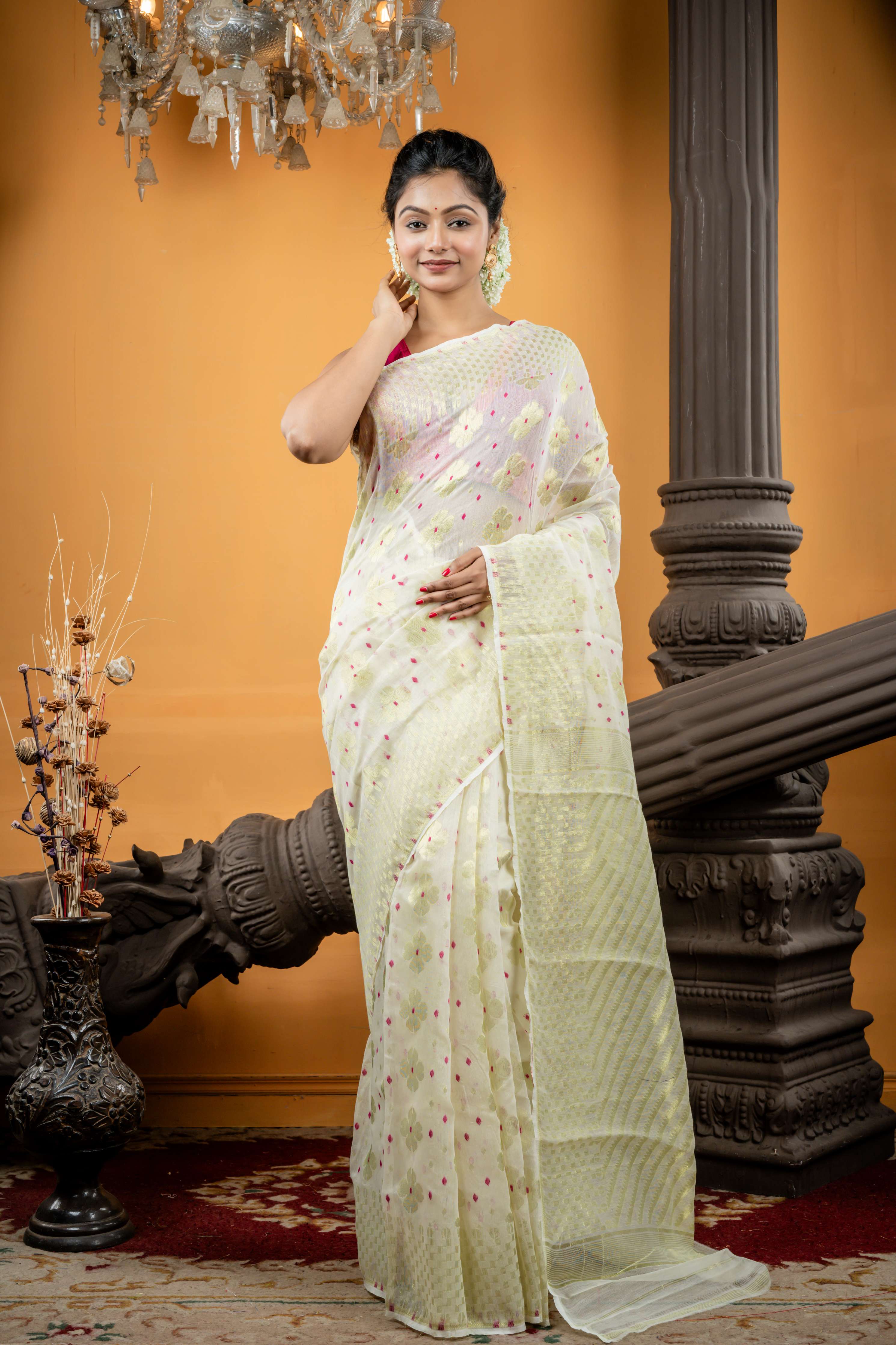 Sarada || Pearl White Resham Cotton Saree with all over Magenta Pink Dhakai Buti and Golden Zari Floral Jamdani Buta, Checkerbox Border & Stripe Pallu