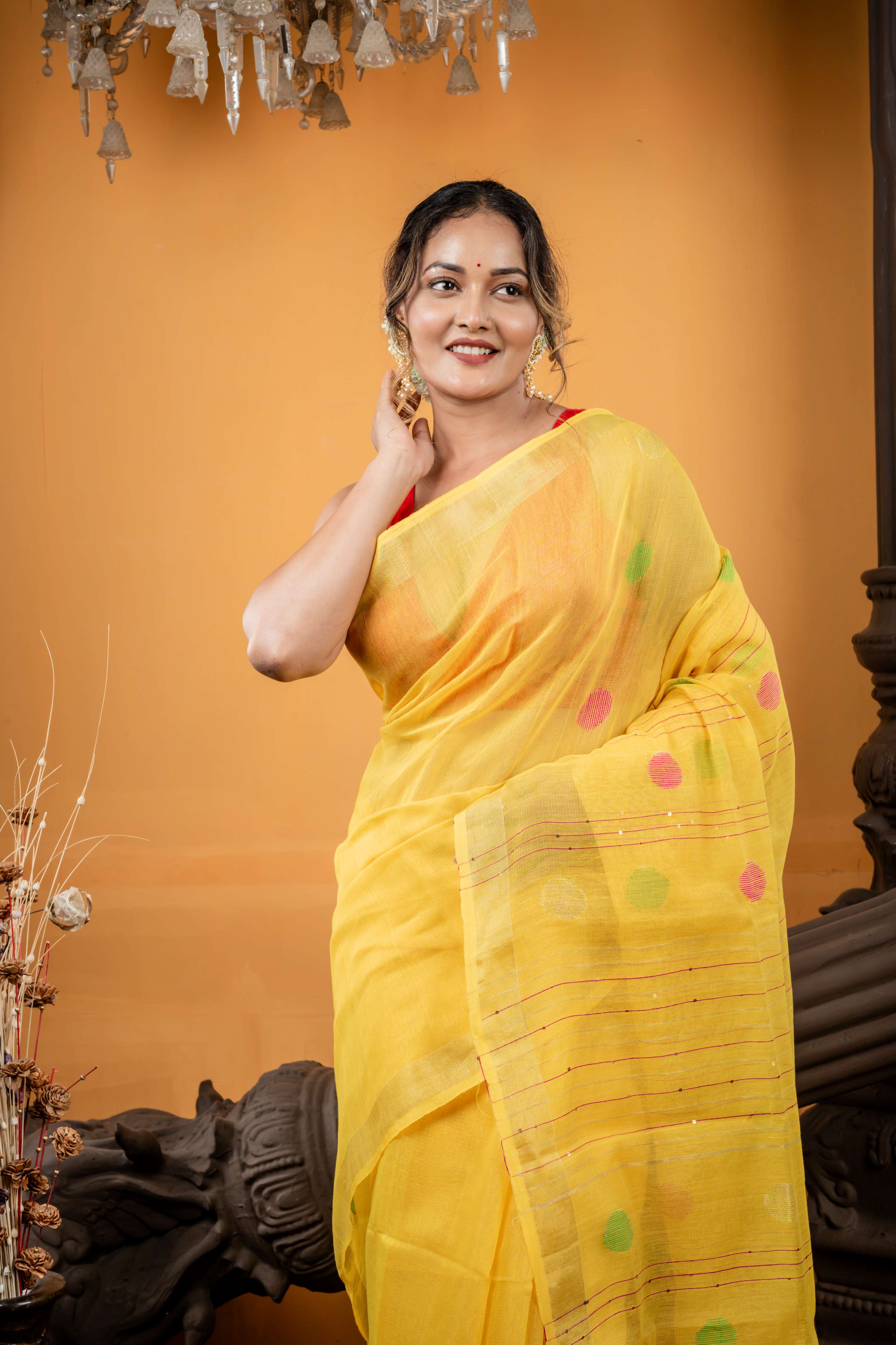 Gold Spot || Bright Yellow Tissue Linen Bengal Handloom Saree with all over Multi-colour Polka Dots, Golden Zari Stripes and Sequins highlights