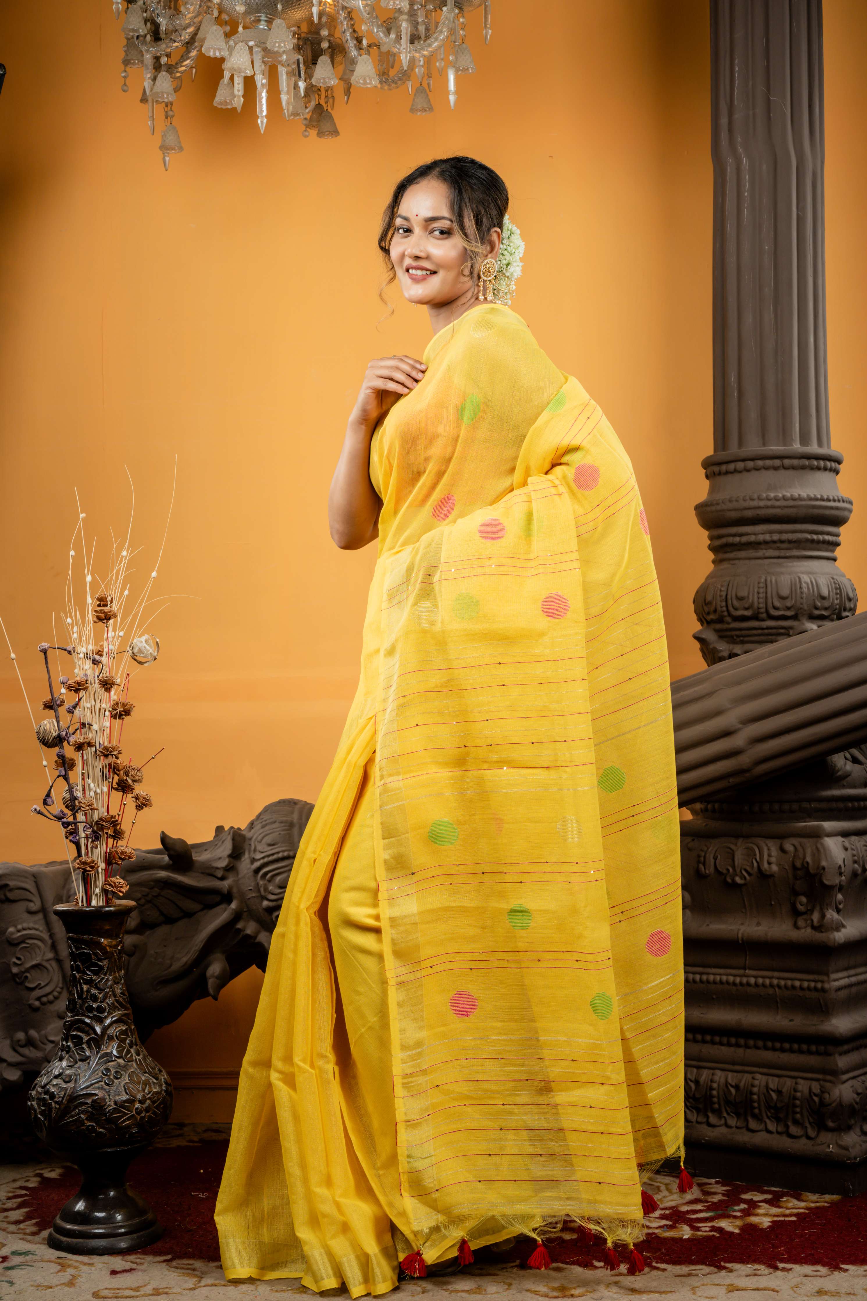 Gold Spot || Bright Yellow Tissue Linen Bengal Handloom Saree with all over Multi-colour Polka Dots, Golden Zari Stripes and Sequins highlights