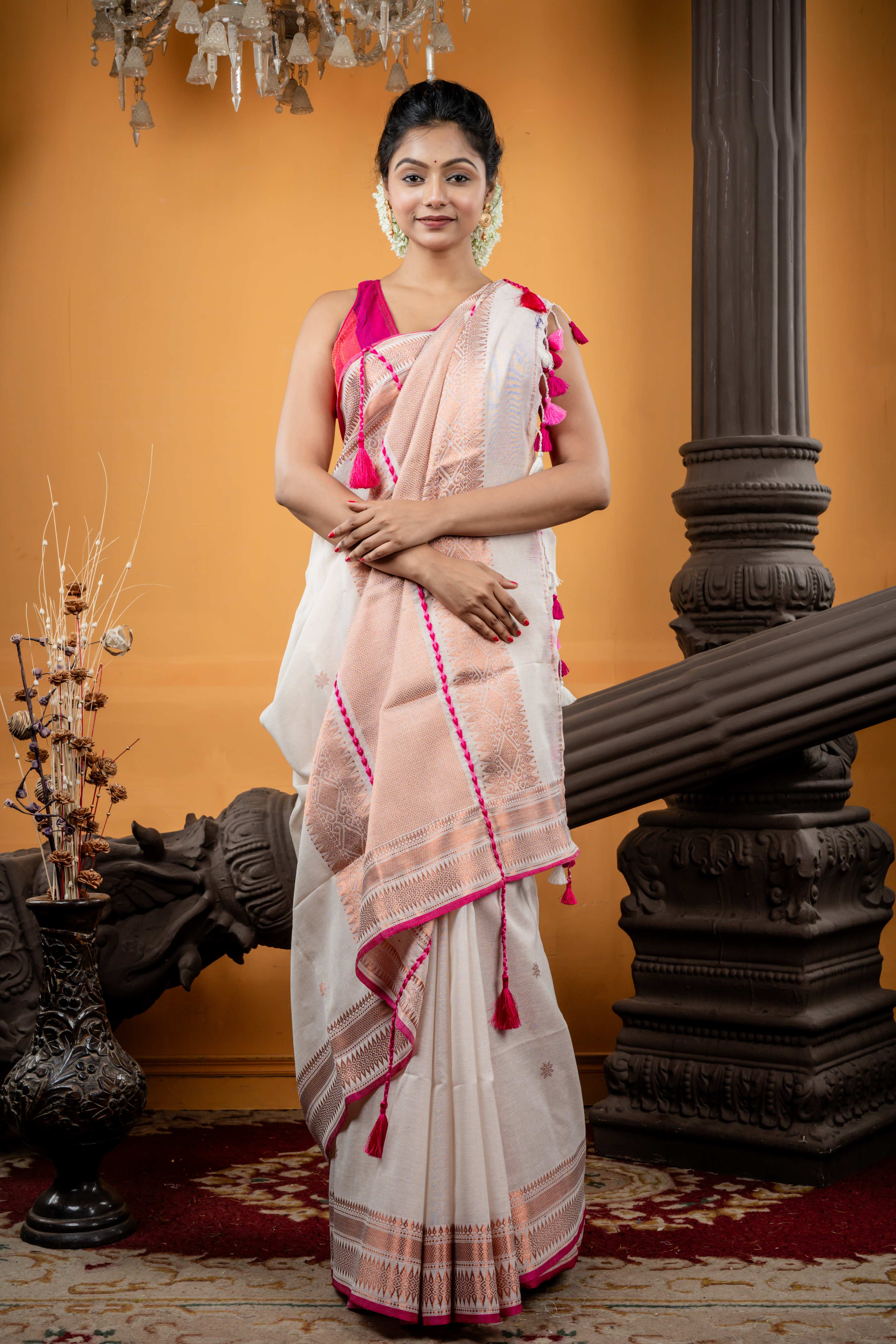 Dhrubotara || Metallic Off-White Mercerized Cotton Bengal Handloom Saree with all over Copper Zari 'Nakshatra' Buti, Magenta Pink Border and 'Beni' motif with Brocade Pallu