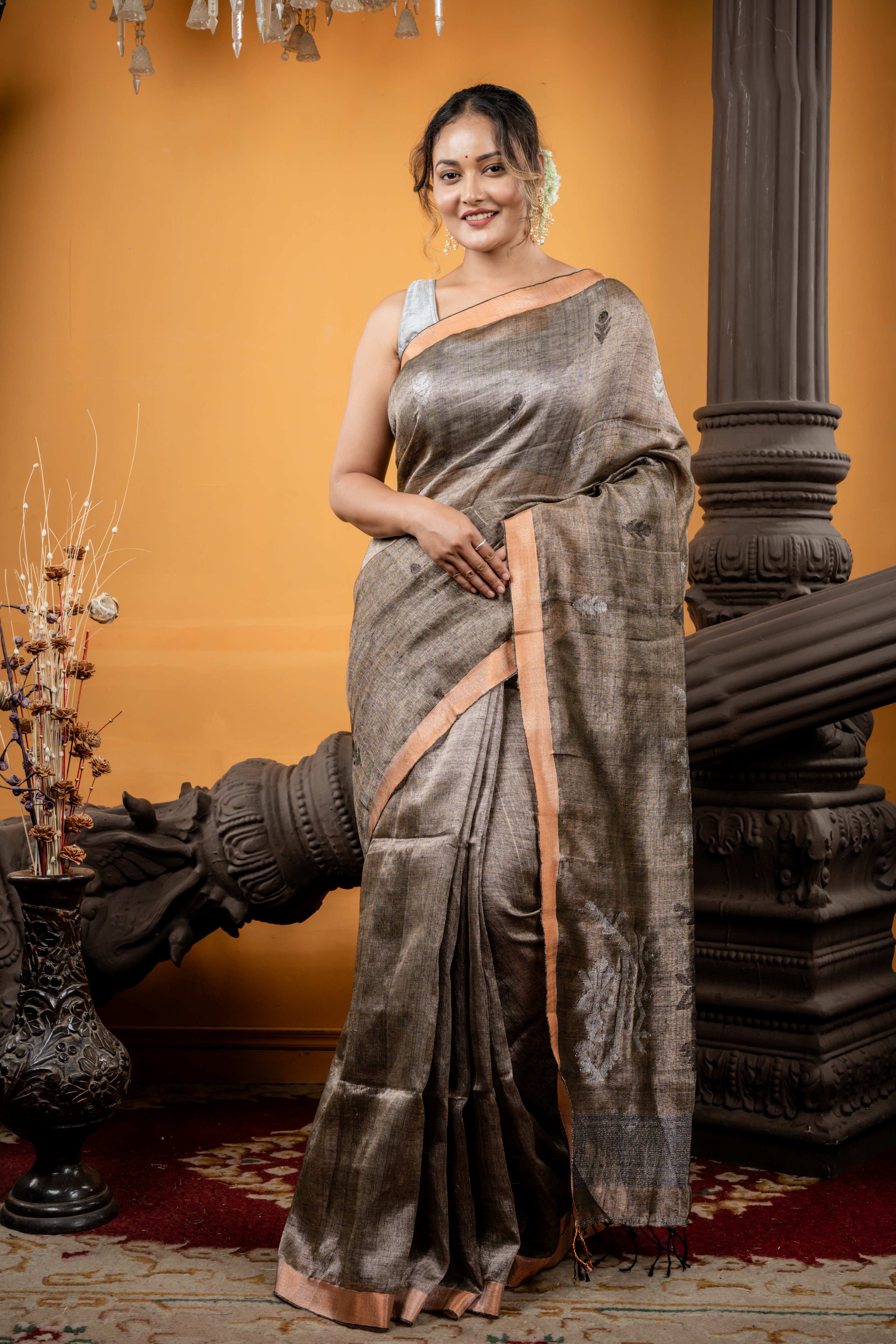 Damini || Metallic Charcoal Brown Linen Matka Bengal Handloom Saree with all over Black Resham & Silver Zari Floral Buta and Jamdani Pallu
