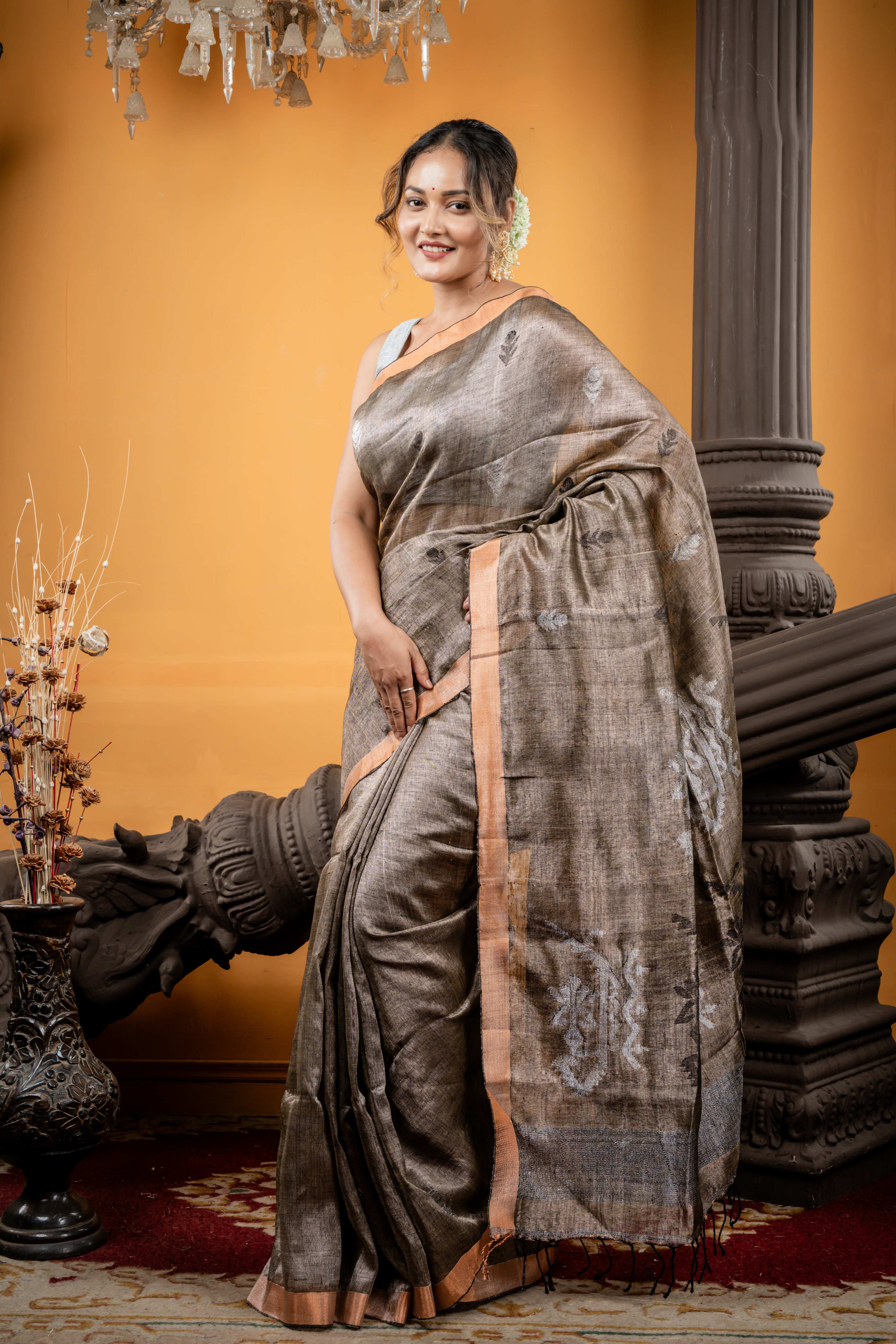Damini || Metallic Charcoal Brown Linen Matka Bengal Handloom Saree with all over Black Resham & Silver Zari Floral Buta and Jamdani Pallu