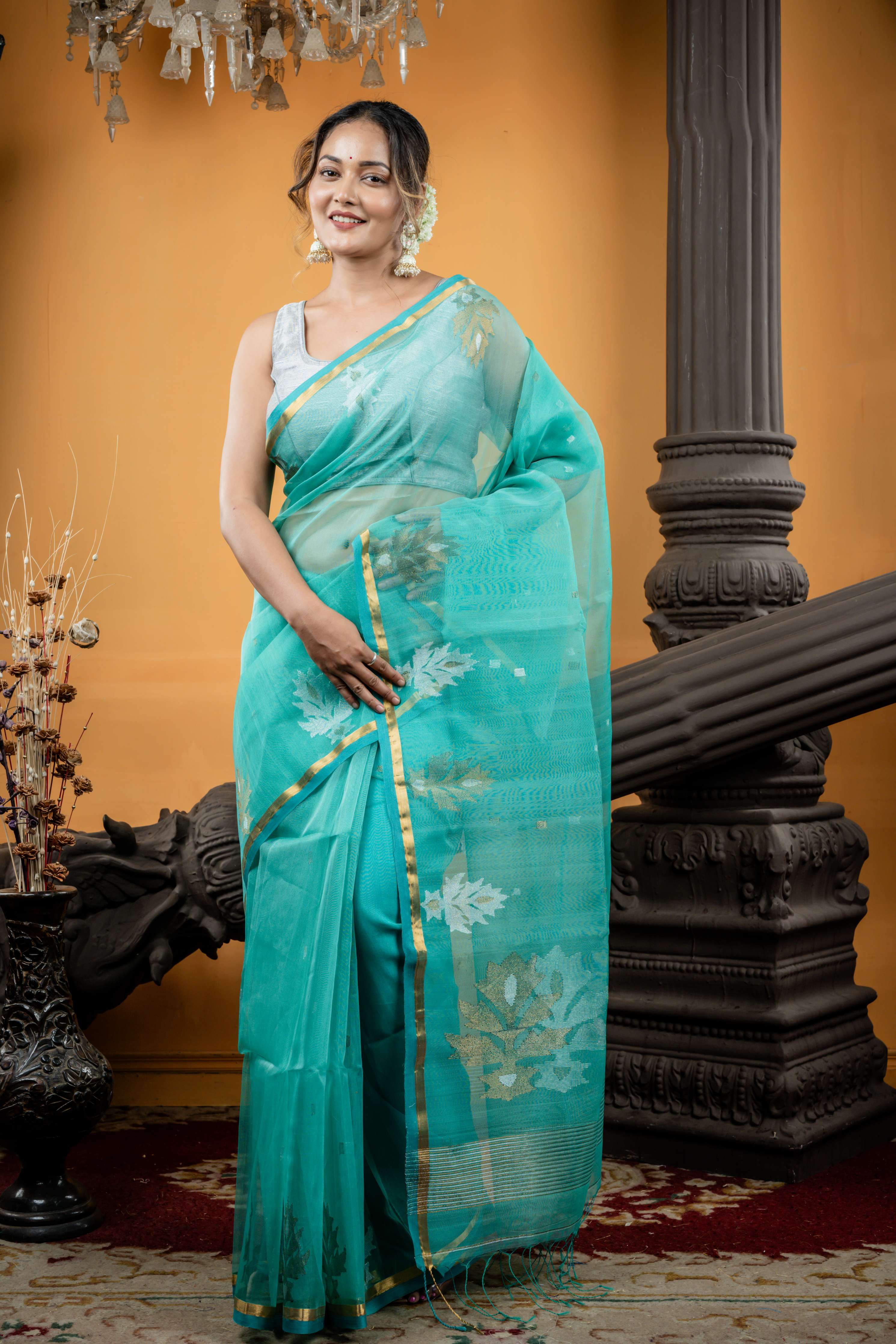 Bindu || Sea Green Premium Muslin Bengal Handloom Saree with all over Silver & Antique Gold Zari Abstract Buti and Jamdani Floral motif Border & Pallu
