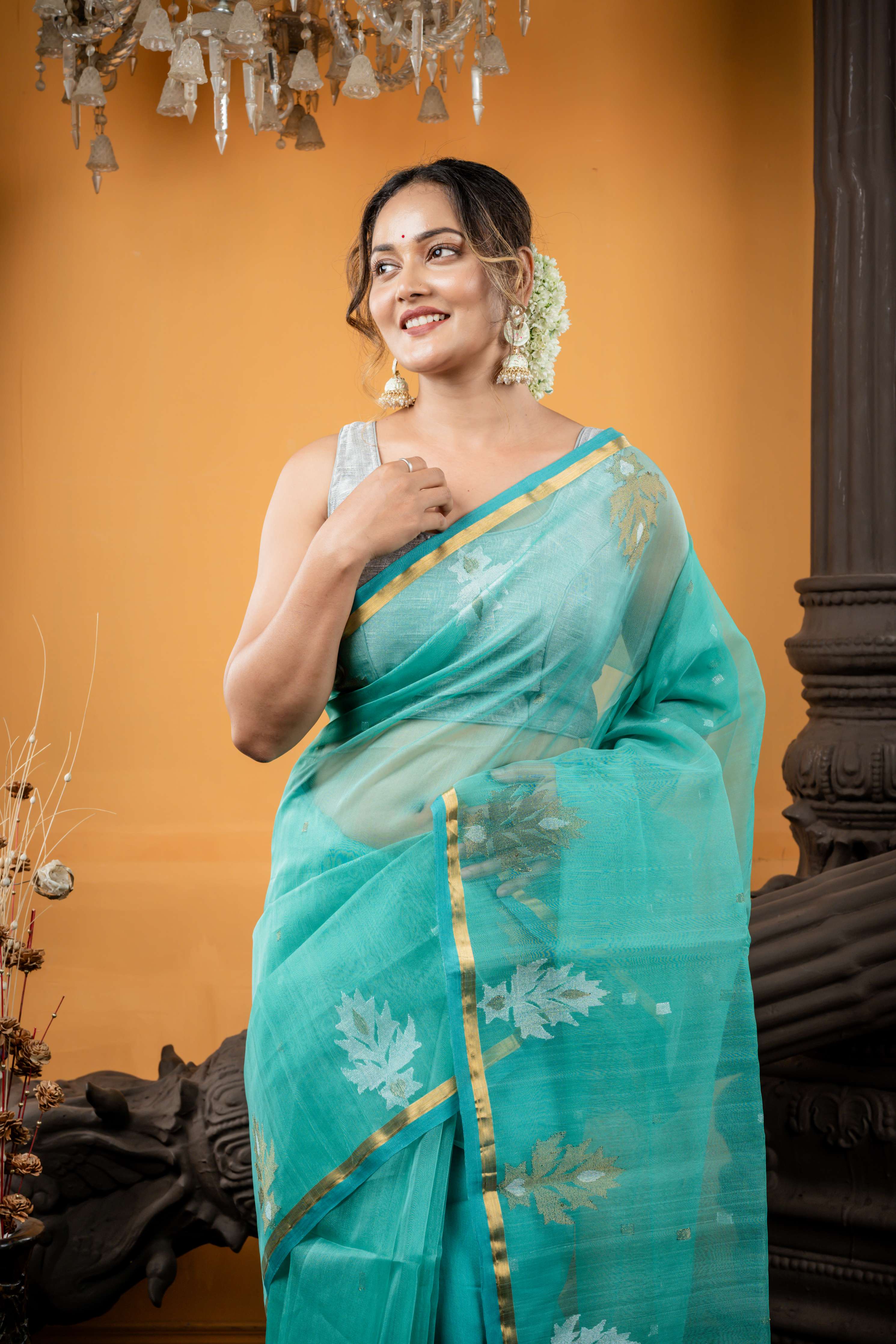 Bindu || Sea Green Premium Muslin Bengal Handloom Saree with all over Silver & Antique Gold Zari Abstract Buti and Jamdani Floral motif Border & Pallu