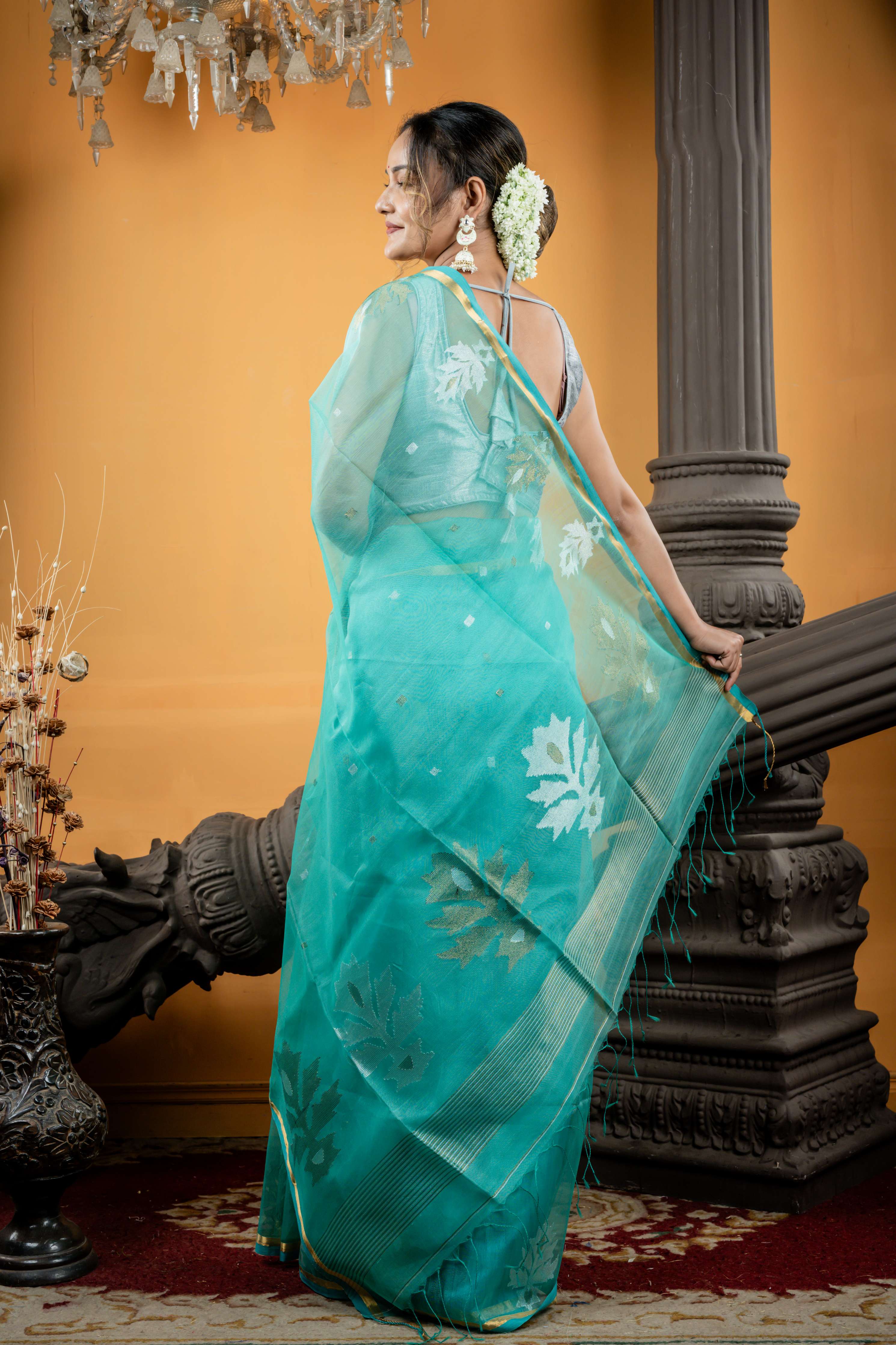 Bindu || Sea Green Premium Muslin Bengal Handloom Saree with all over Silver & Antique Gold Zari Abstract Buti and Jamdani Floral motif Border & Pallu