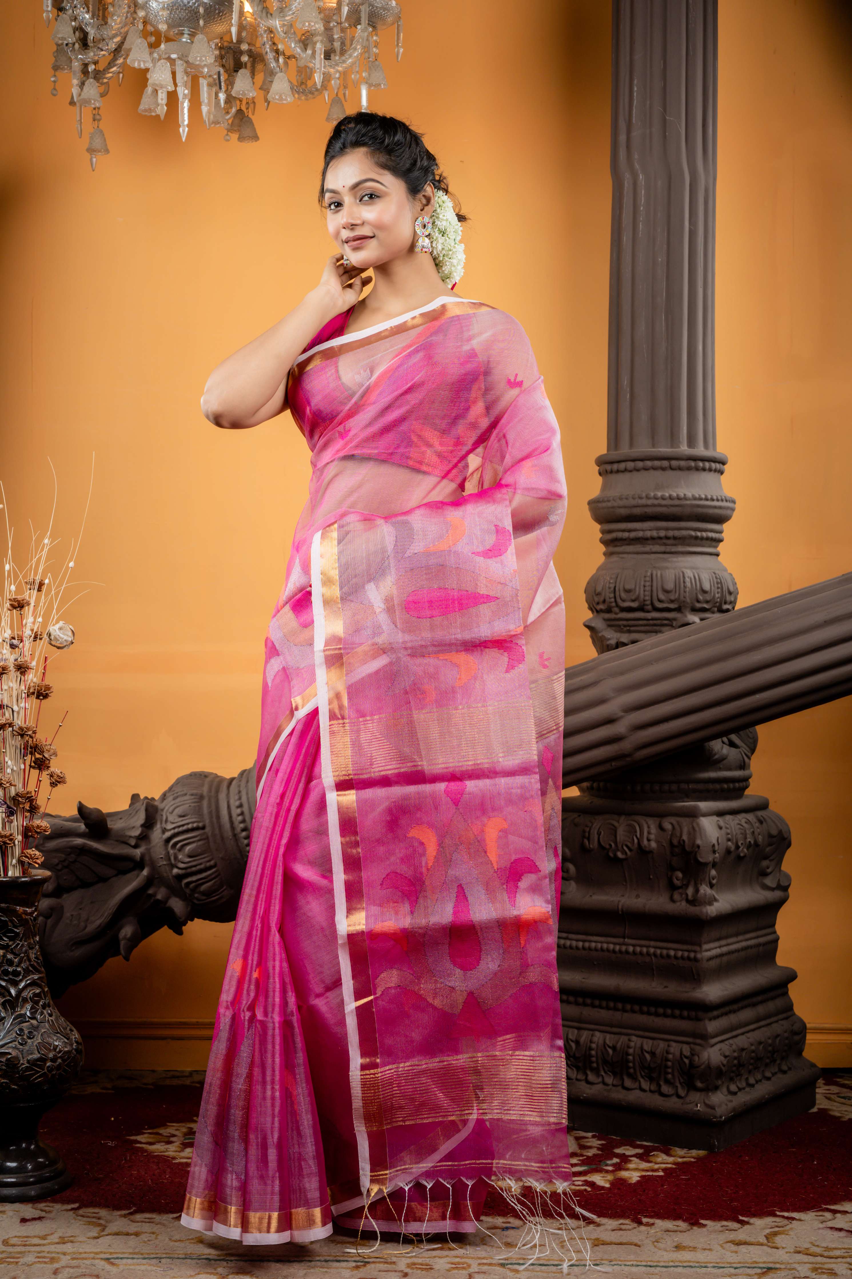 Anushila || Magenta Pink & Silver dual tone Premium Muslin Bengal Handloom Saree with all over Multi-colour, Copper & Silver Zari Buti, Antique Gold Zari Plain Border & Traditional motif Jamdani Border highlights & Pallu