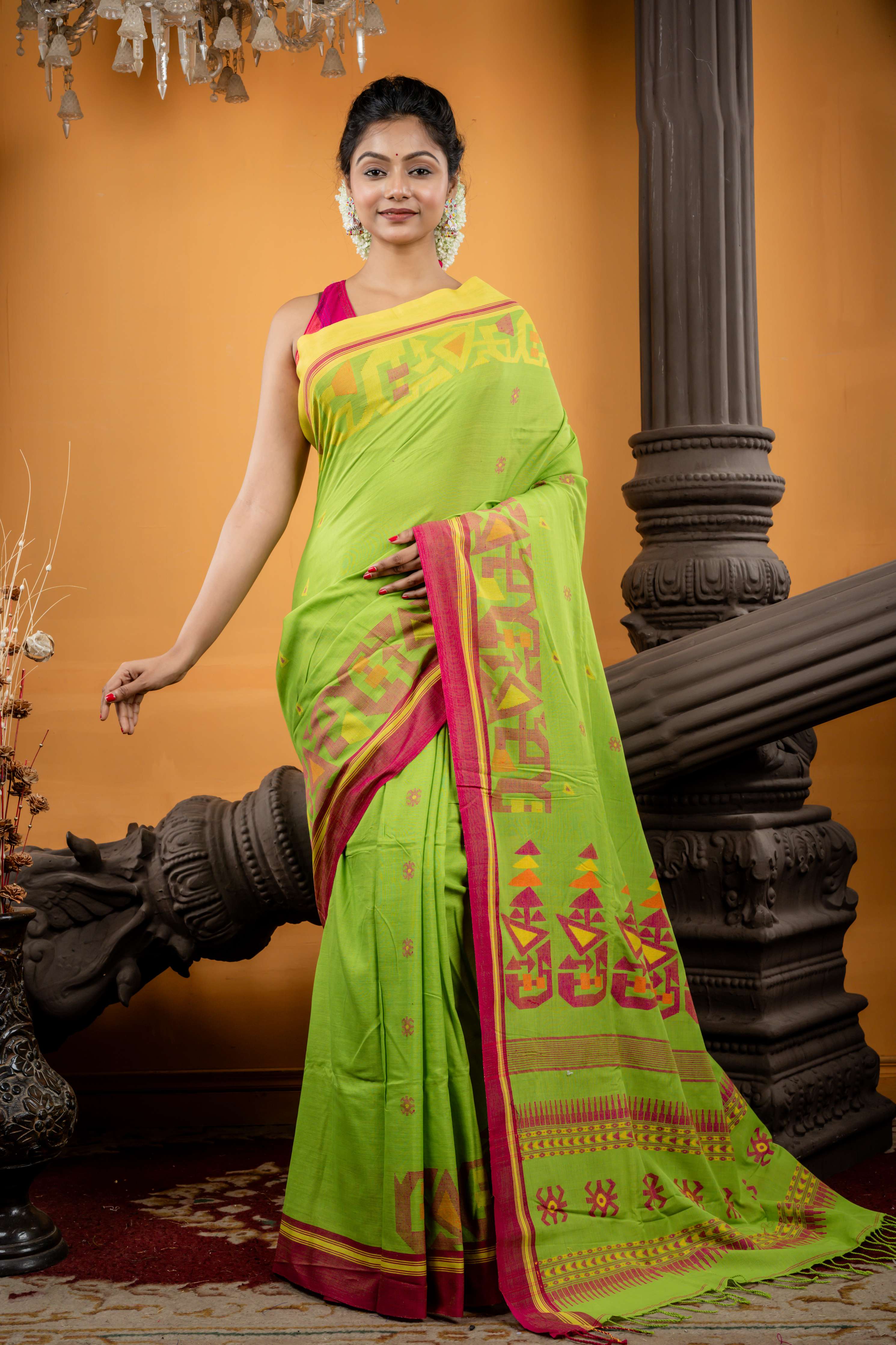 Tiya || Parrot Green Cotton Bengal Handloom Saree with all over Multi-colour Buti, Lemon Yellow & Magenta Pink 'Ganga Jamuna' Border and Traditional design Pallu