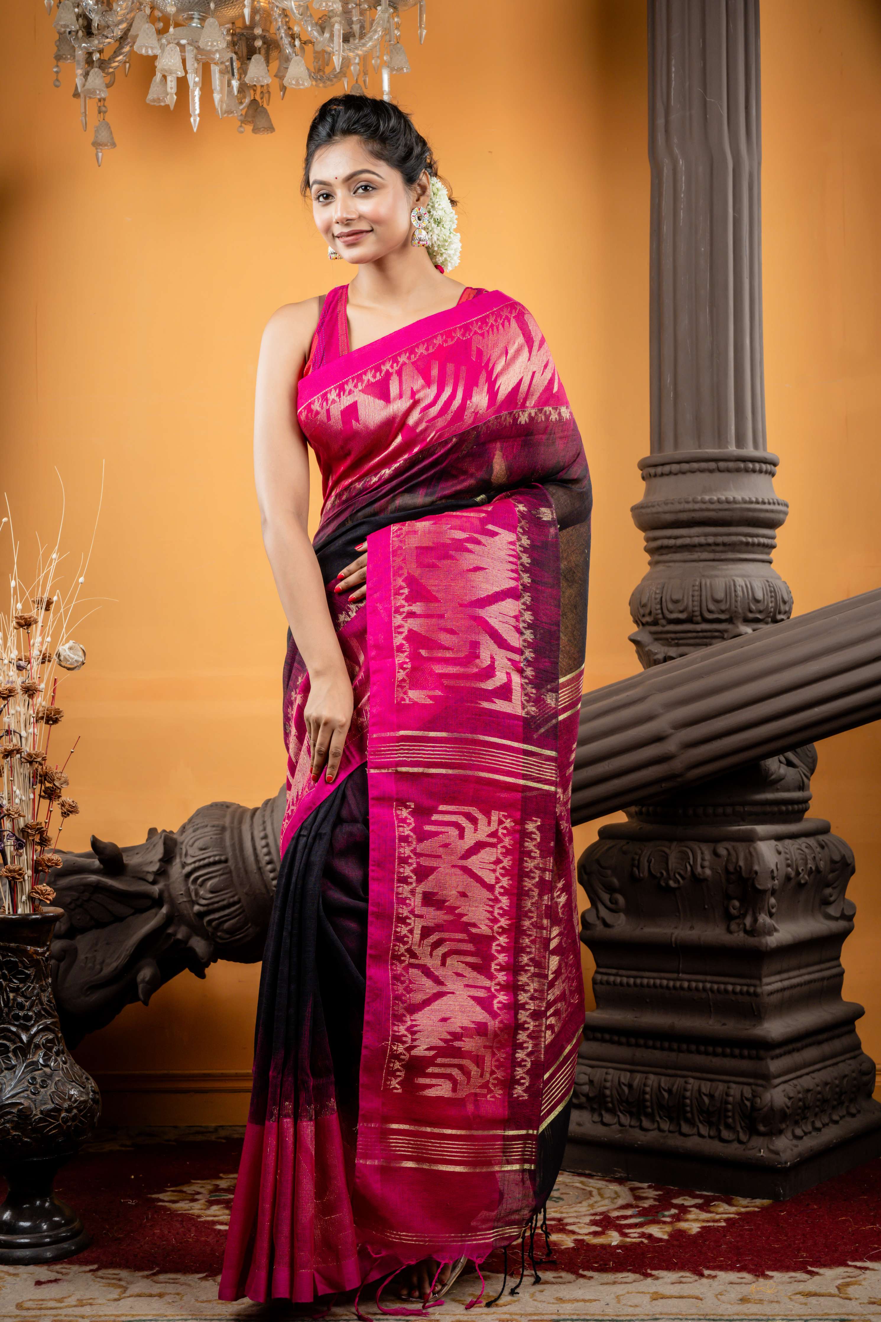 Tamoshi || Black & Magenta dual tone Linen Bengal Handloom Saree with all over Traditional Golden Zari Buta, Magenta 'Mahapadh' & Golden Zari Ikkat Border and Contrast Pallu