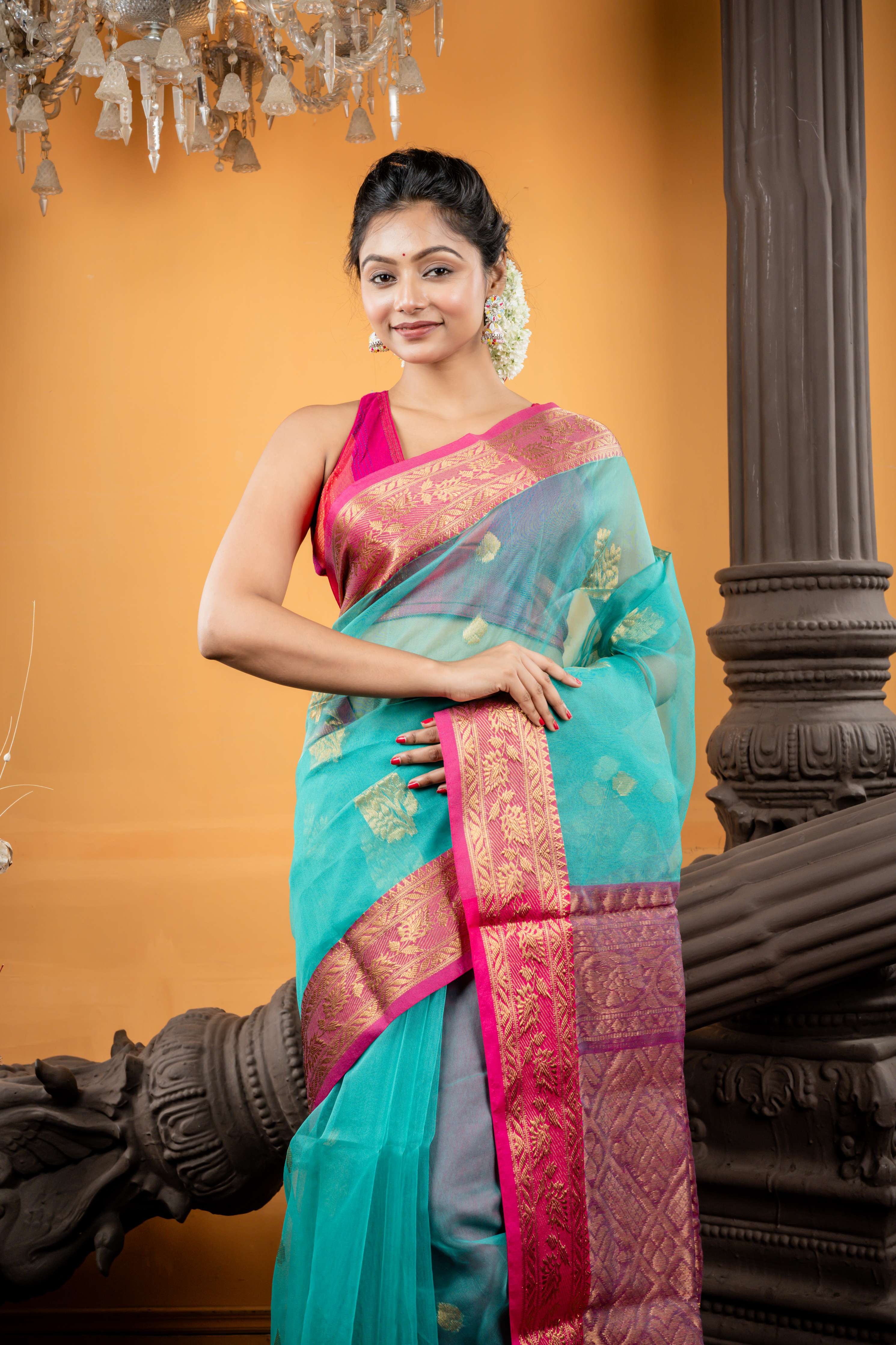 Ambalika || Teal Green Muslin Bengal Handloom Saree with all over Golden Zari Traditional Buta, Magenta Pink Border and dual tone Banarasi design Pallu