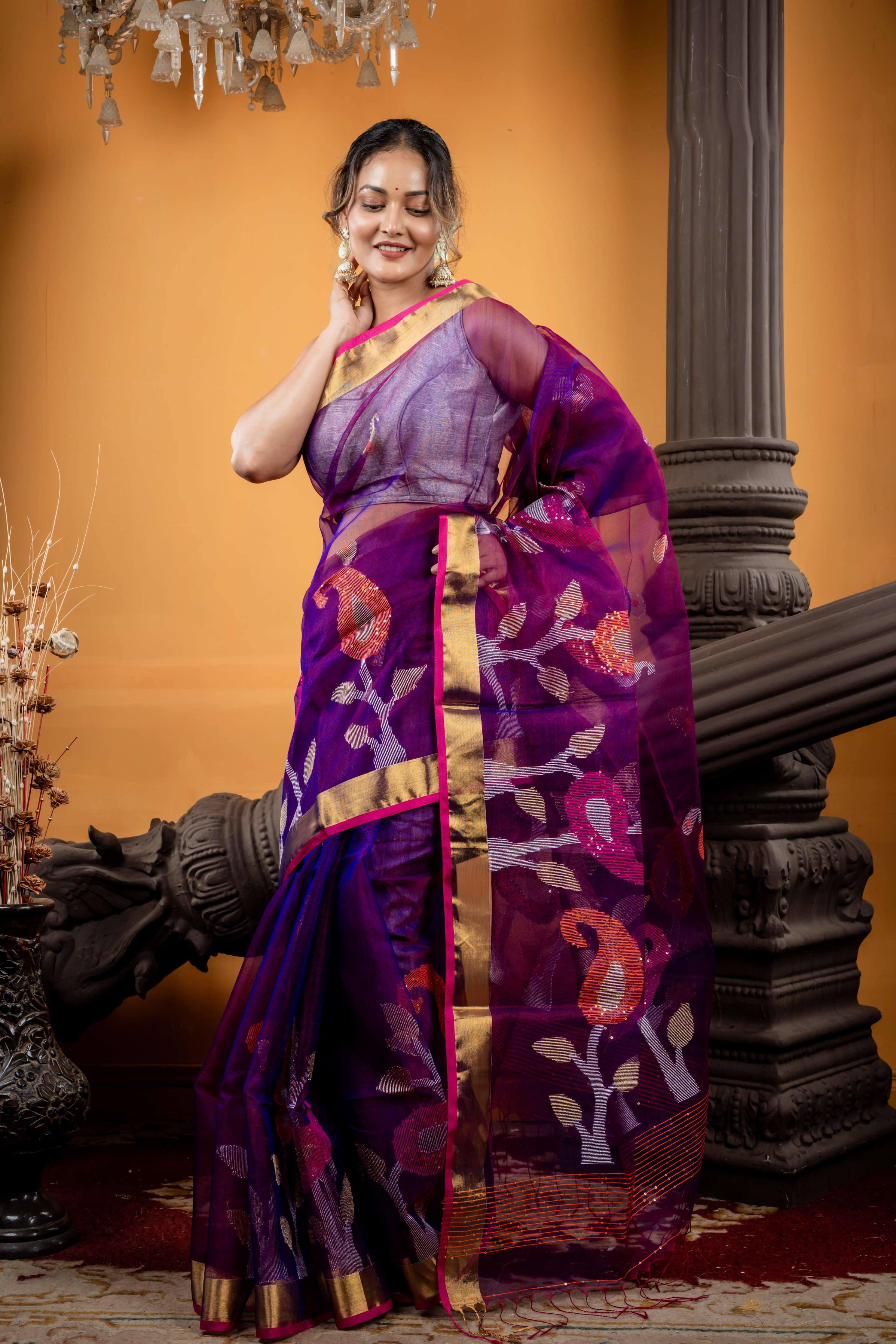 Mahua || Purple & Peacock Blue dual tone Premium Muslin Bengal Handloom Saree with all over Multi-colour Traditional 'Aam Kalka' motif Buta & Pallu and Sequins, Silver Zari & Gold Zari highlights