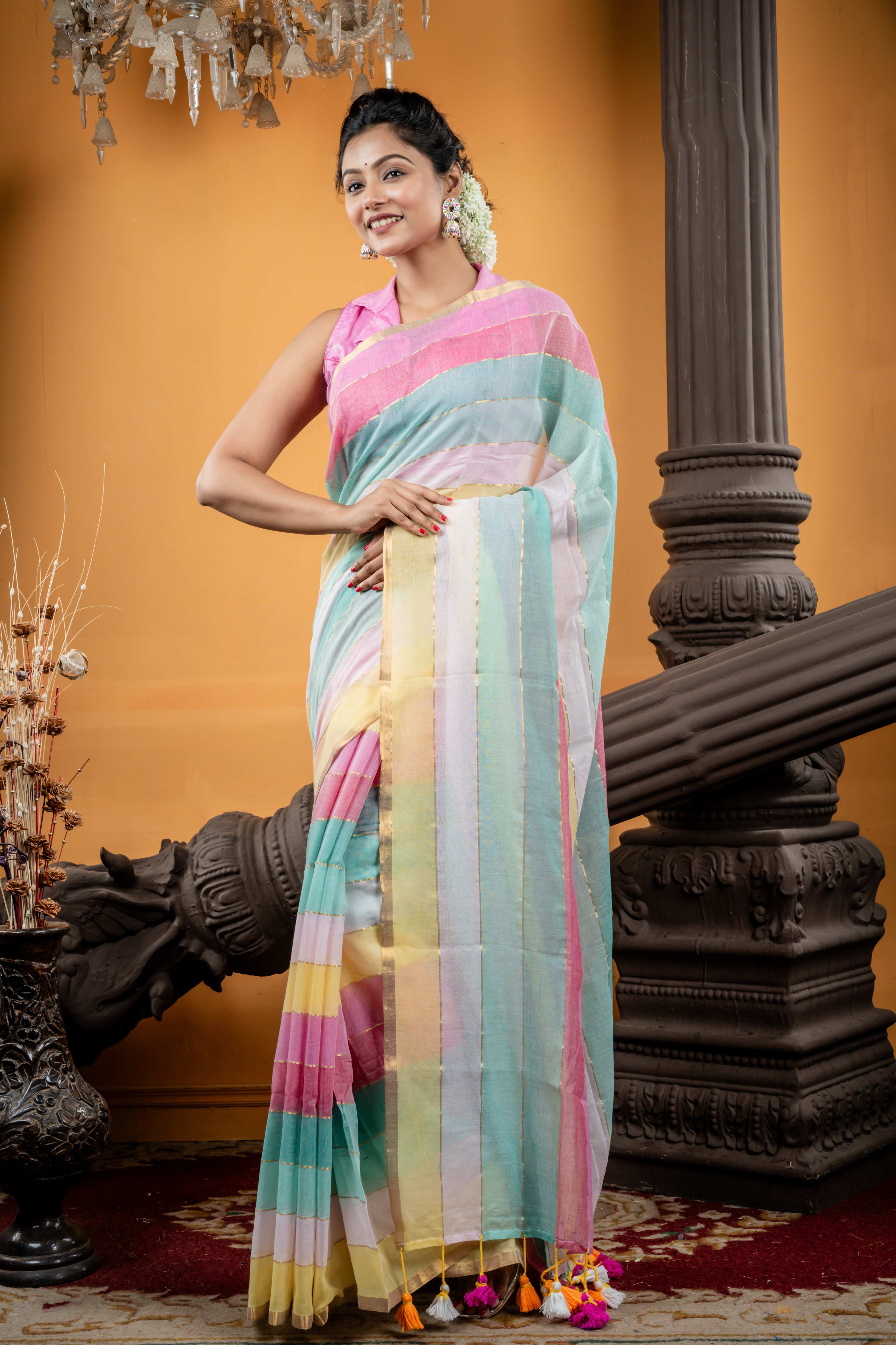 Candy Floss || Multi-colour Mul Cotton Saree with all over 6D Hexa block Stripes & Golden Zari highlights