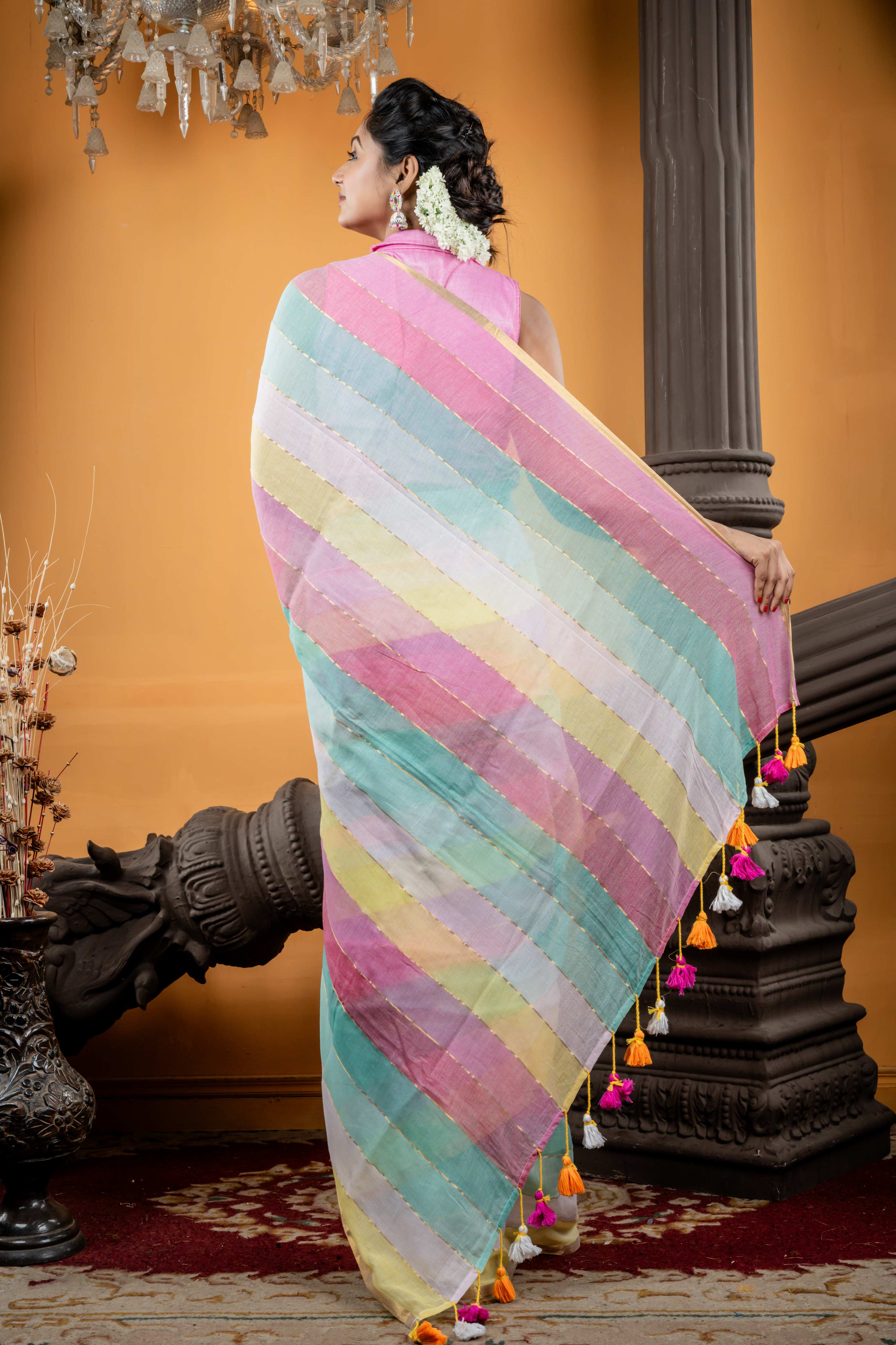 Candy Floss || Multi-colour Mul Cotton Saree with all over 6D Hexa block Stripes & Golden Zari highlights