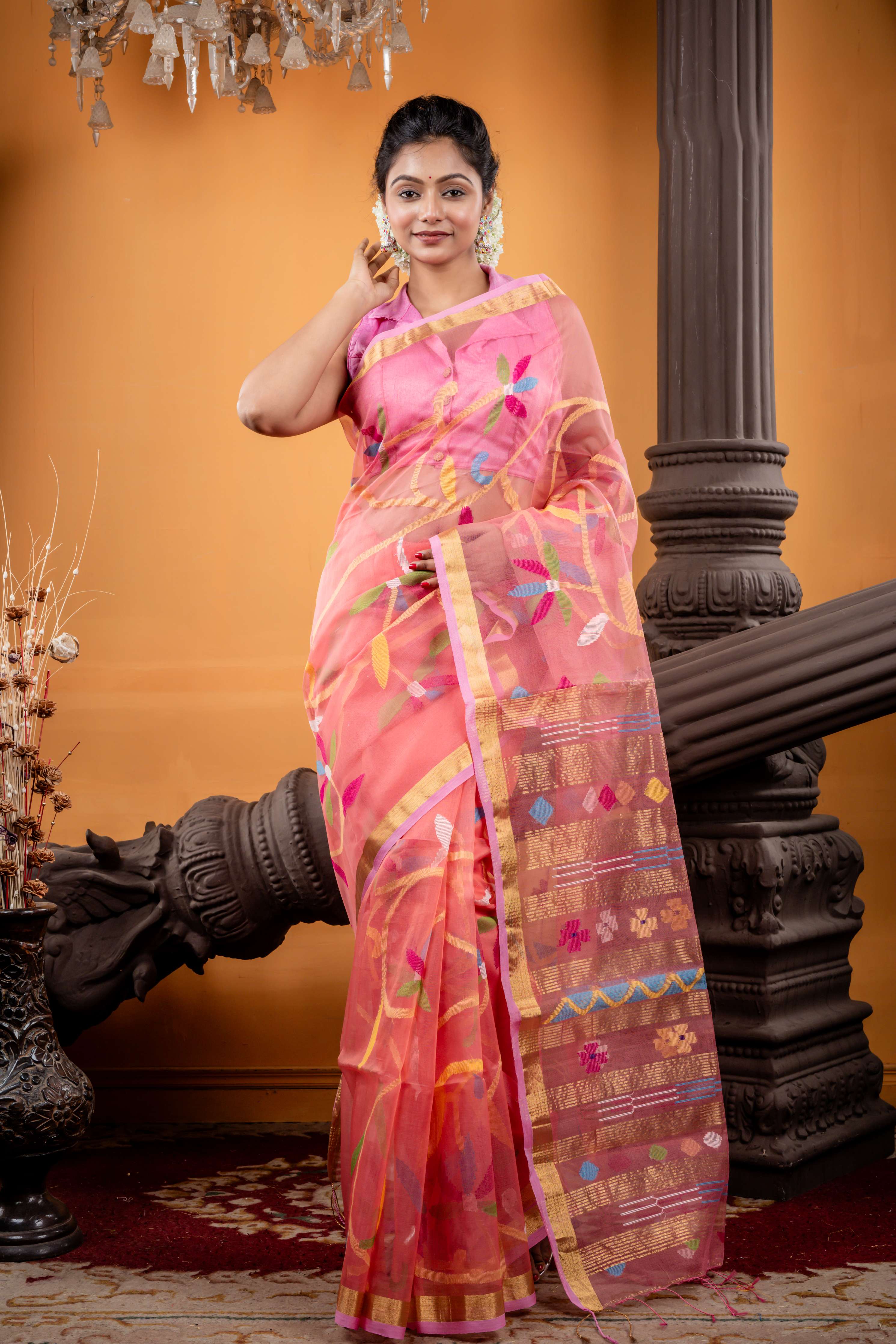 Karabi || Peachy Pink Premium Muslin Bengal Handloom Saree with all over Multi-colour 'Floral' Jamdani & Abstract Buta Pallu