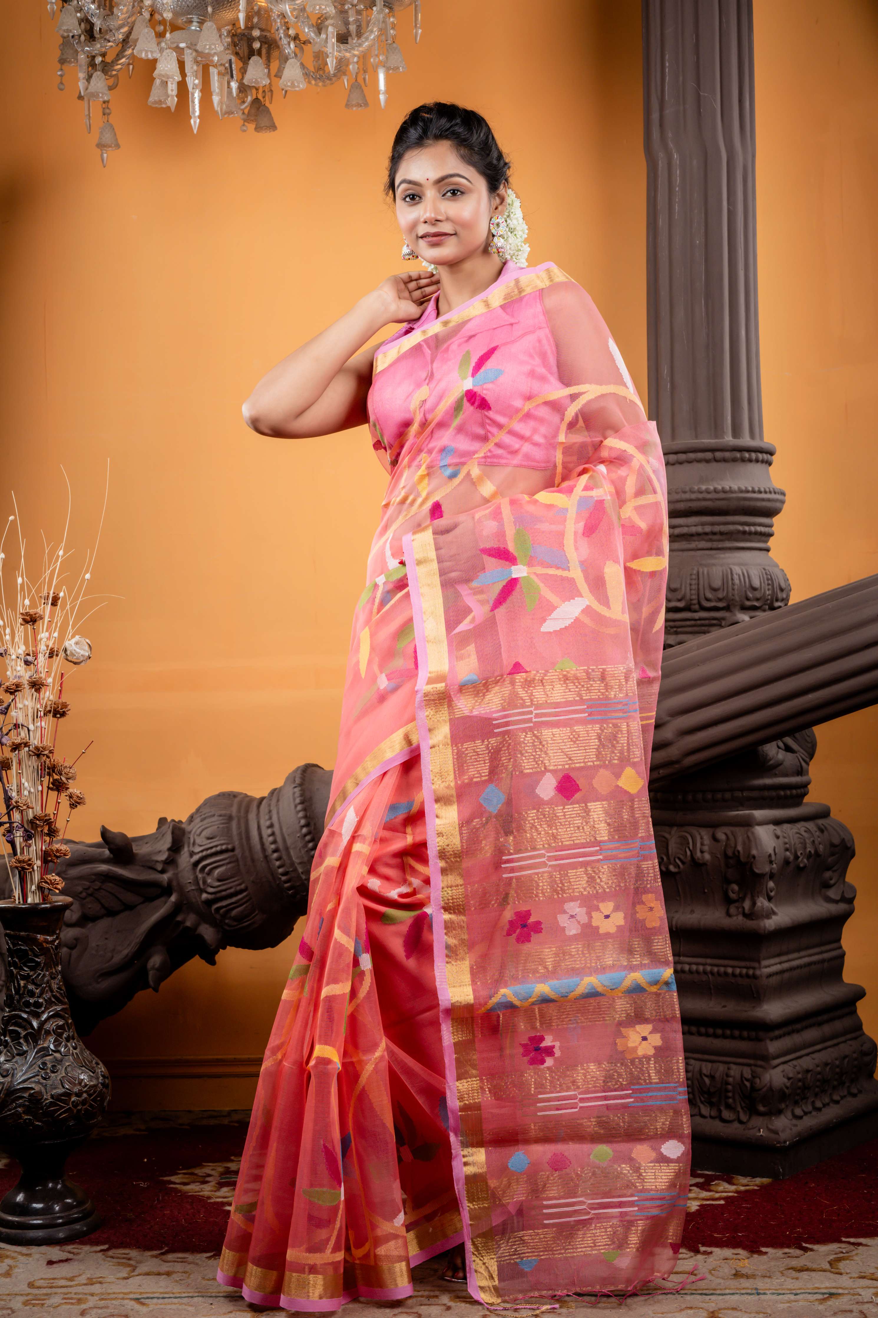 Karabi || Peachy Pink Premium Muslin Bengal Handloom Saree with all over Multi-colour 'Floral' Jamdani & Abstract Buta Pallu