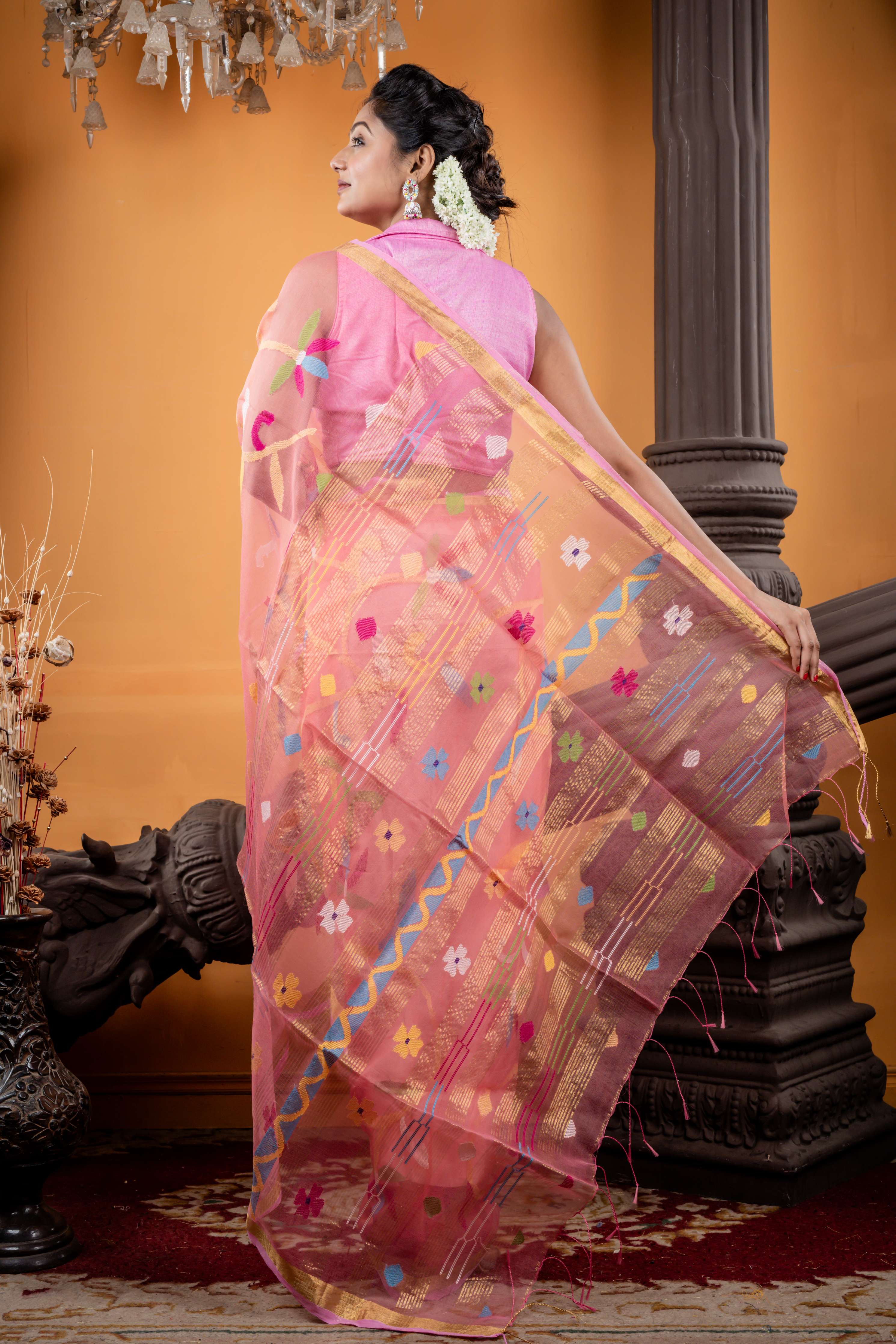 Karabi || Peachy Pink Premium Muslin Bengal Handloom Saree with all over Multi-colour 'Floral' Jamdani & Abstract Buta Pallu