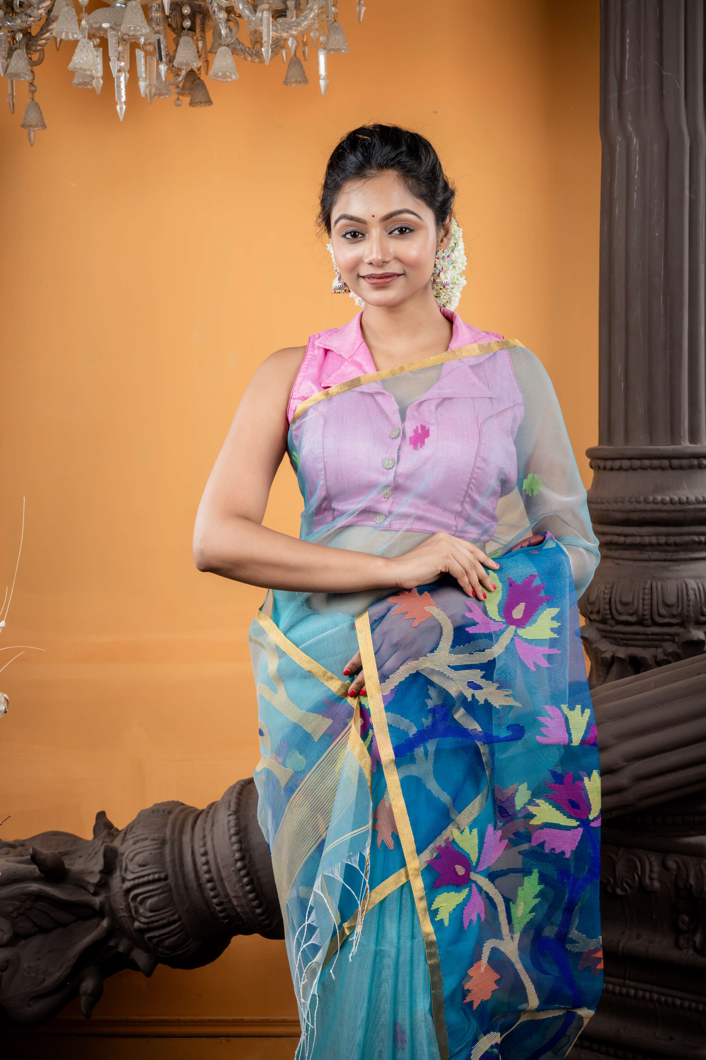 Nilaprabha || Aqua Blue Premium Muslin Bengal Handloom Saree with all over Multi-colour Jamdani Buta and Peacock Blue 'Mahapadh - Floral' Border & Pallu